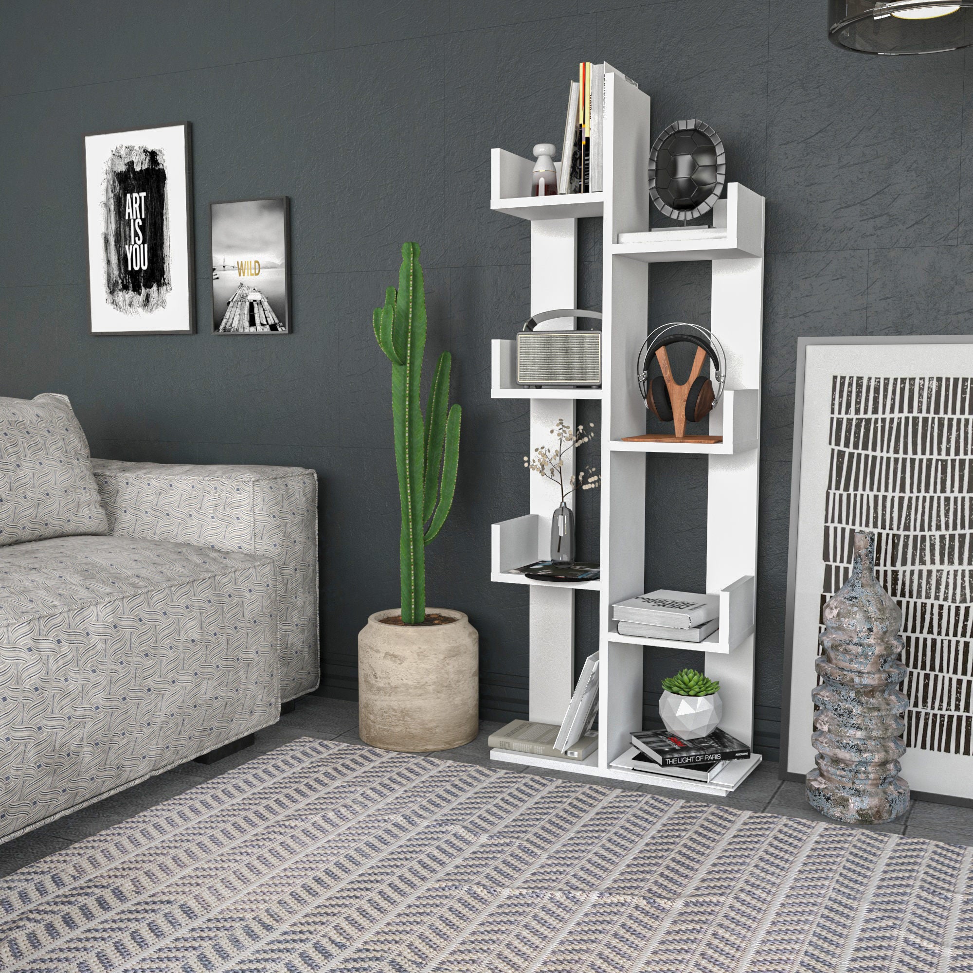Estante branca moderna, 137 cm de altura, 50 cm de largura, 22 cm de profundidade | Painel de partículas 100% revestido de melamina, 18 mm de espessura | Armazenamento elegante para casa e escritório