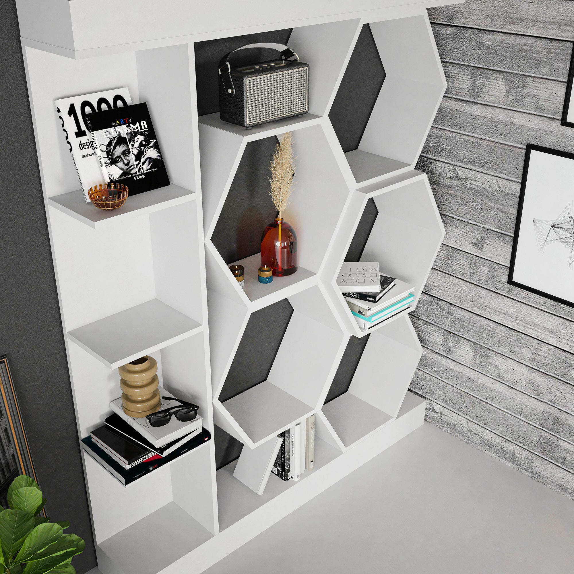 Estante branca moderna, 140 cm x 29,6 cm x 177,4 cm | Painel de partículas 100% revestido de melamina, 18 mm de espessura | Armazenamento elegante para casa e escritório