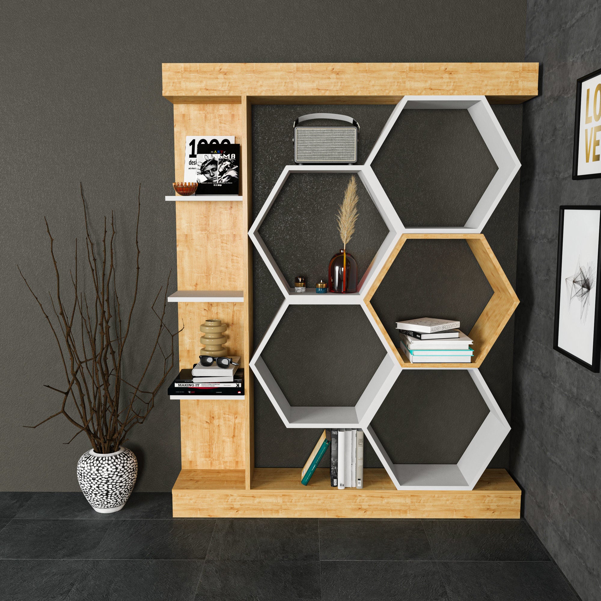 Estante moderna, branca e carvalho, 140 x 29,6 x 177,4 cm | Painel de partículas 100% revestido de melamina, 18 mm de espessura | Armazenamento elegante para casa e escritório