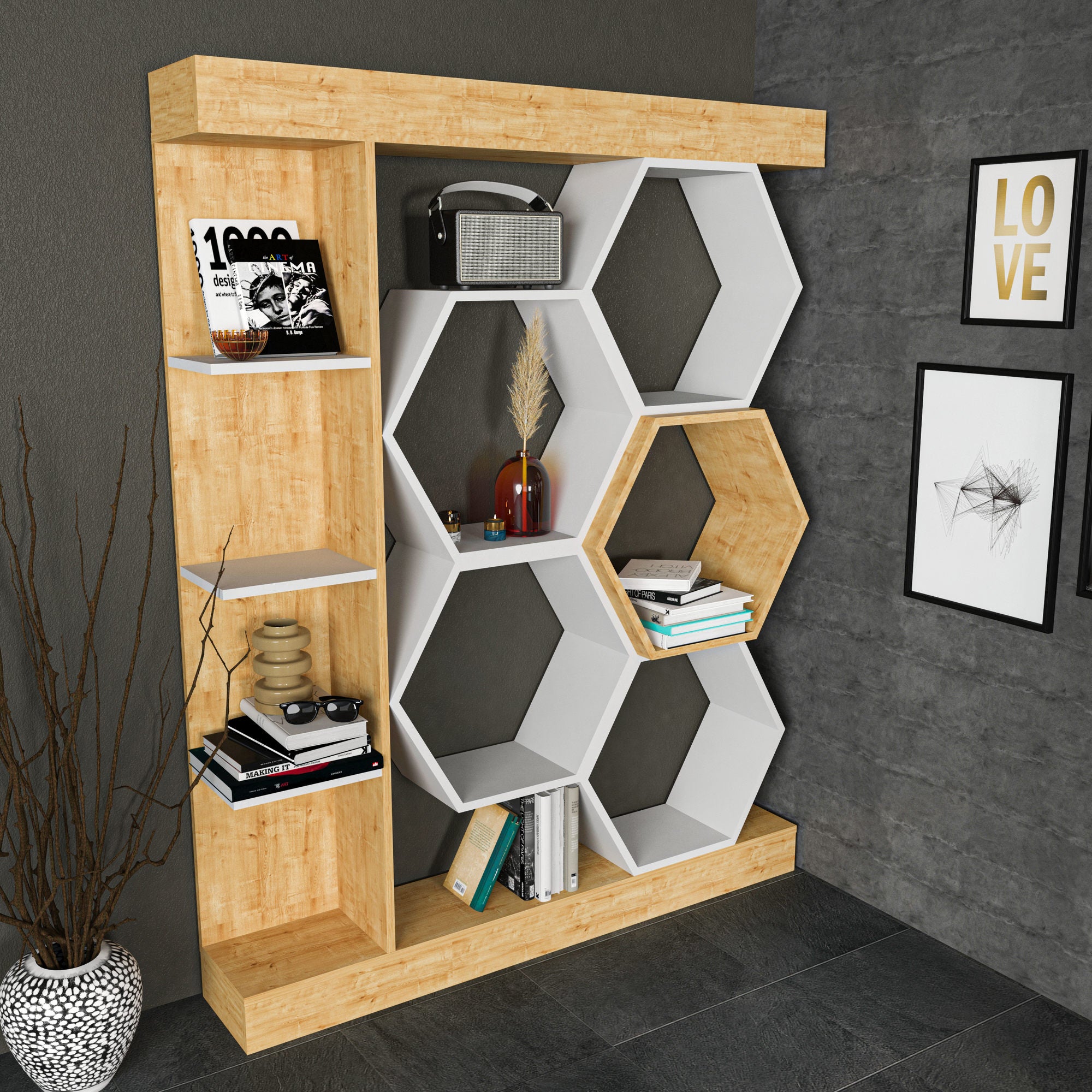 Estante moderna, branca e carvalho, 140 x 29,6 x 177,4 cm | Painel de partículas 100% revestido de melamina, 18 mm de espessura | Armazenamento elegante para casa e escritório