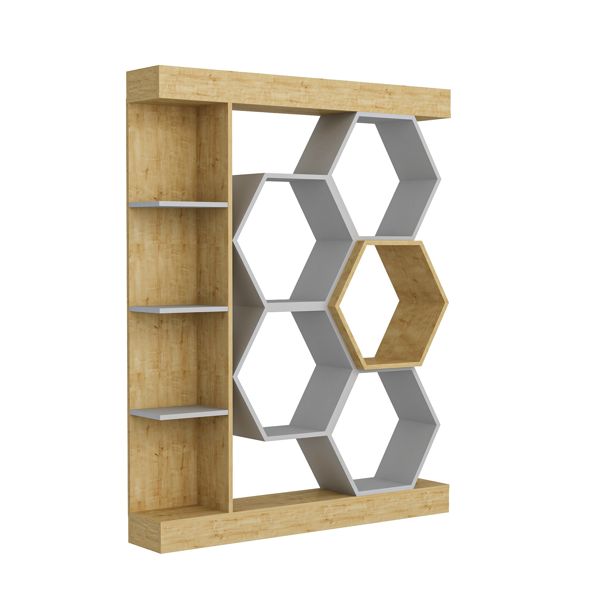 Estante moderna, branca e carvalho, 140 x 29,6 x 177,4 cm | Painel de partículas 100% revestido de melamina, 18 mm de espessura | Armazenamento elegante para casa e escritório