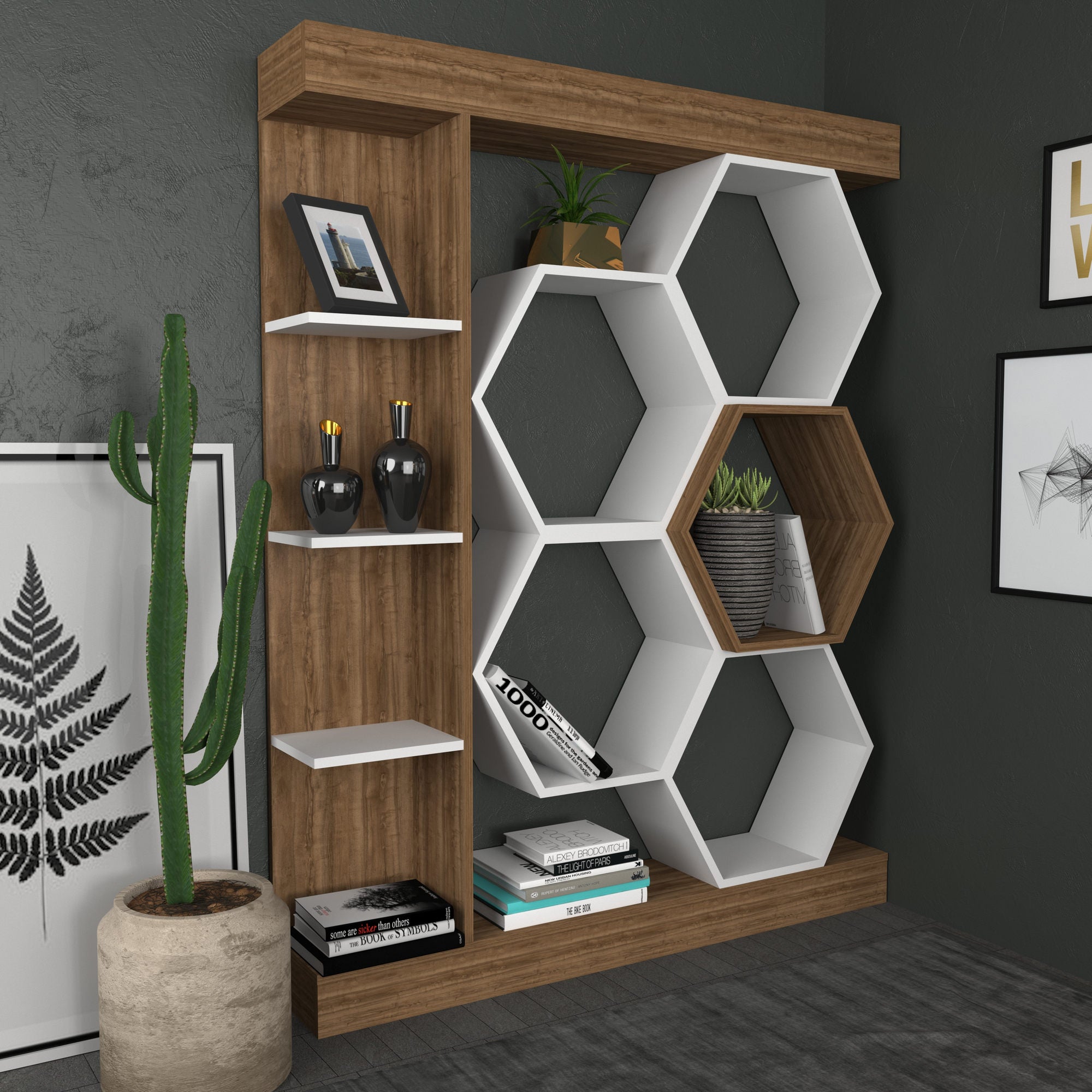Estante moderna, branca e nogueira, 140 x 29,6 x 177,4 cm | Painel de partículas 100% revestido de melamina, 18 mm de espessura | Armazenamento elegante para casa e escritório