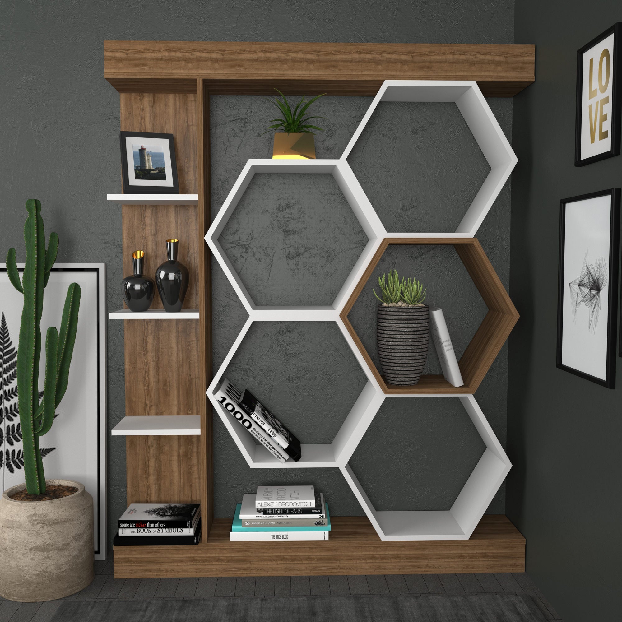 Estante moderna, branca e nogueira, 140 x 29,6 x 177,4 cm | Painel de partículas 100% revestido de melamina, 18 mm de espessura | Armazenamento elegante para casa e escritório
