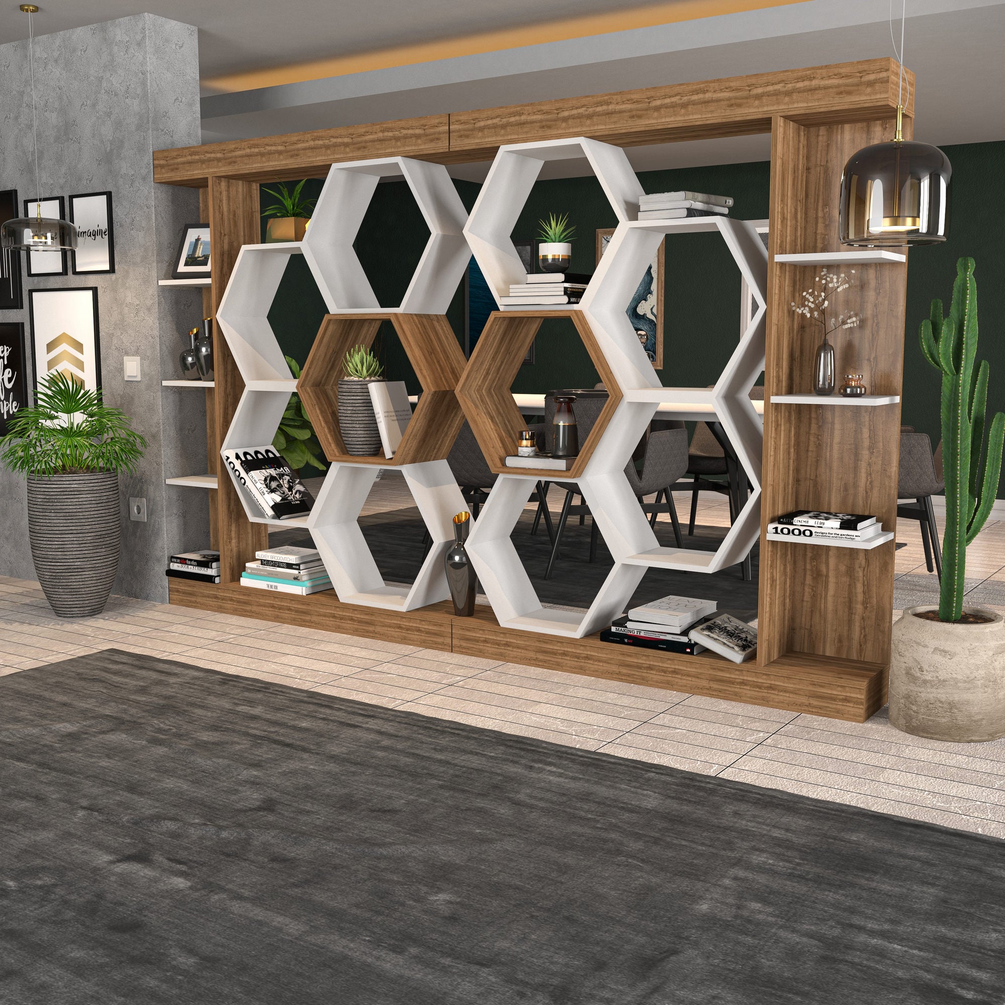 Estante moderna, branca e nogueira, 140 x 29,6 x 177,4 cm | Painel de partículas 100% revestido de melamina, 18 mm de espessura | Armazenamento elegante para casa e escritório