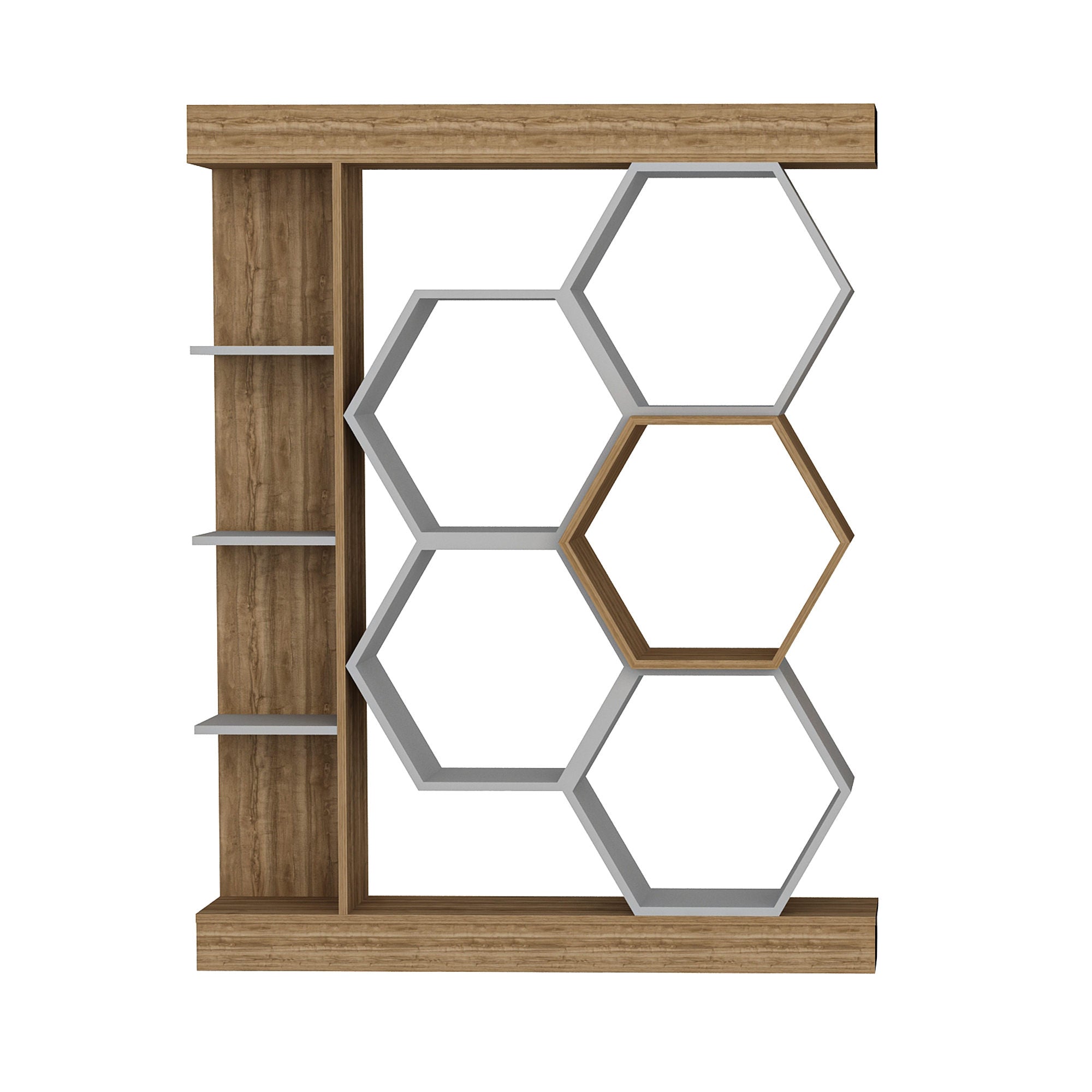 Estante moderna, branca e nogueira, 140 x 29,6 x 177,4 cm | Painel de partículas 100% revestido de melamina, 18 mm de espessura | Armazenamento elegante para casa e escritório