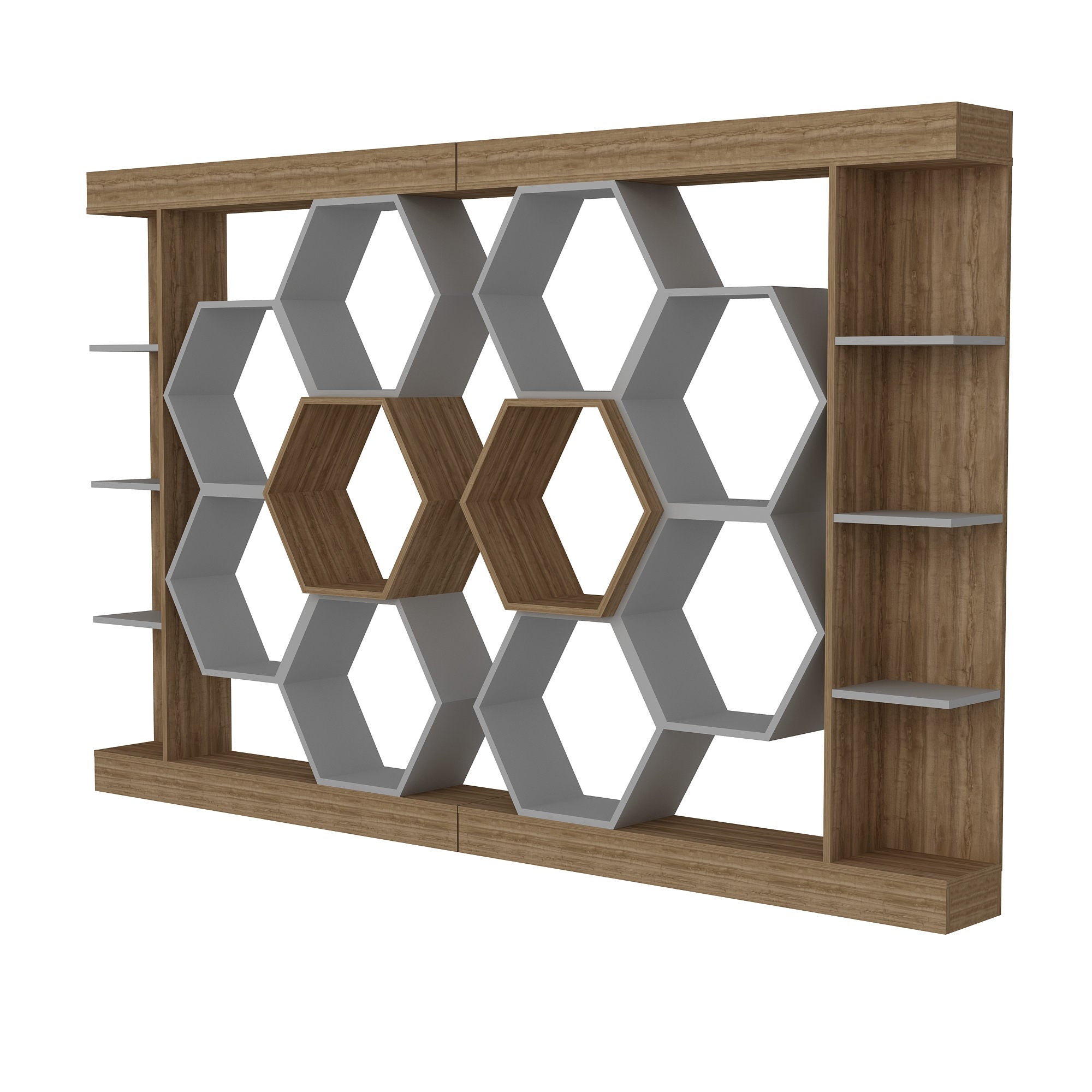 Estante moderna, branca e nogueira, 140 x 29,6 x 177,4 cm | Painel de partículas 100% revestido de melamina, 18 mm de espessura | Armazenamento elegante para casa e escritório