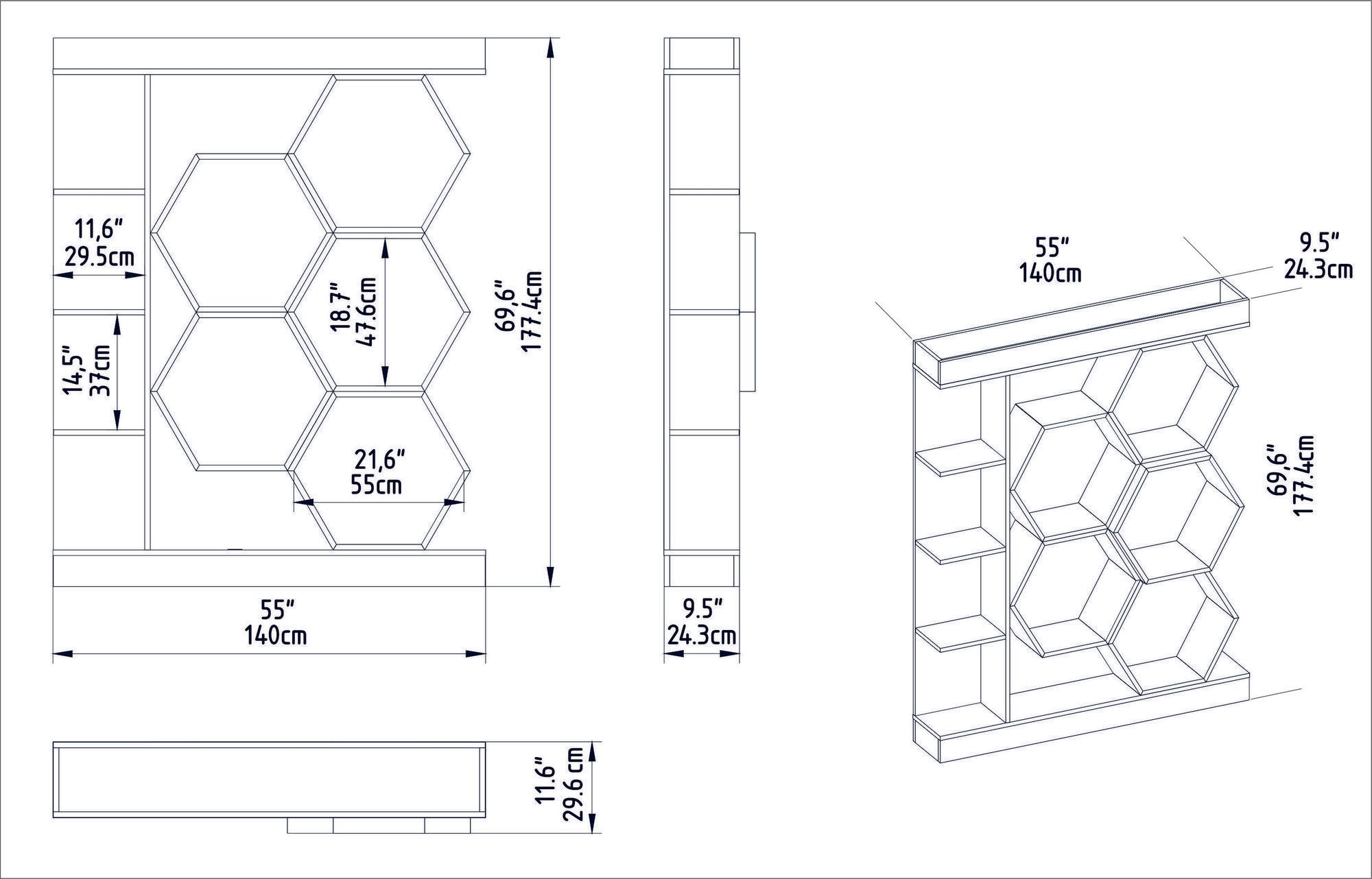 Estante moderna, branca e nogueira, 140 x 29,6 x 177,4 cm | Painel de partículas 100% revestido de melamina, 18 mm de espessura | Armazenamento elegante para casa e escritório