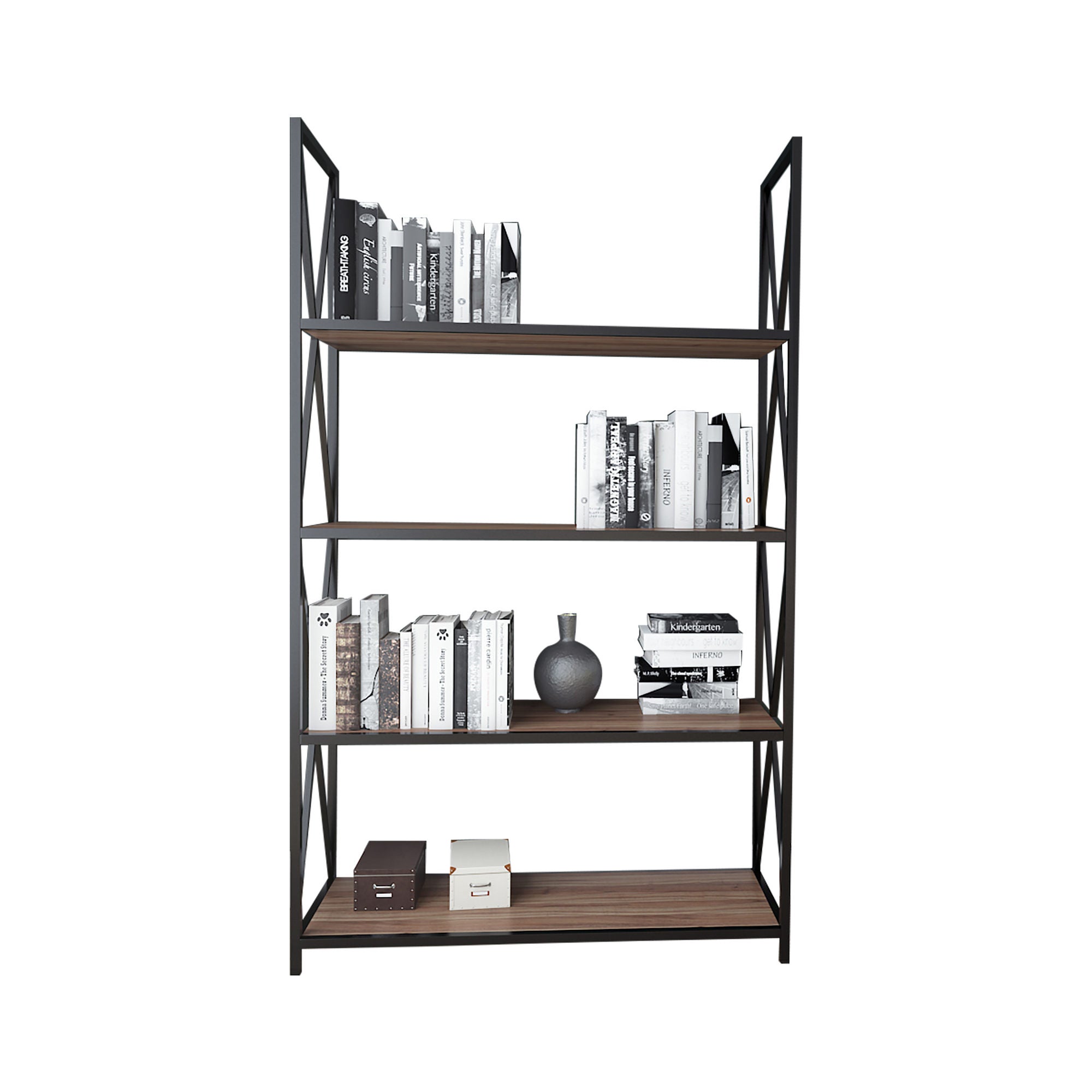 Estante Industrial Moderna, Nogueira e Preto, 94 x 33 x 150 cm | Painel de Partículas 100% Revestido com Melamina, 18 mm de Espessura, Estrutura de Metal Resistente | Solução de Armazenamento Elegante