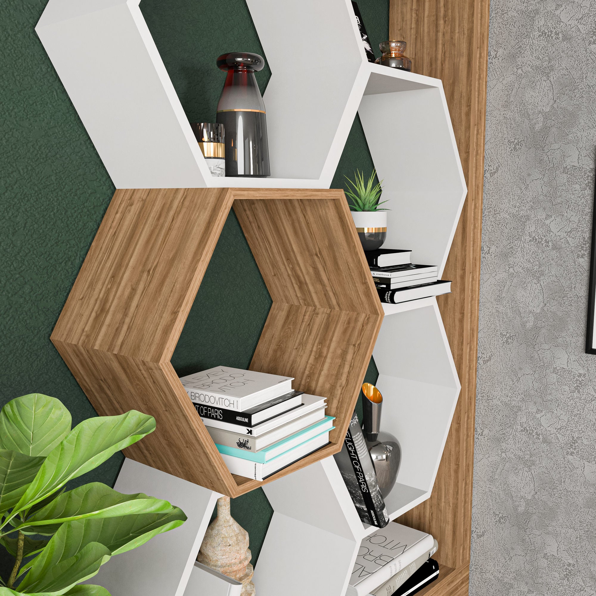 Estante moderna, branca e nogueira, 90 x 24,6 x 140 cm | Painel de partículas 100% revestido de melamina, 18 mm de espessura | Armazenamento elegante para casa e escritório