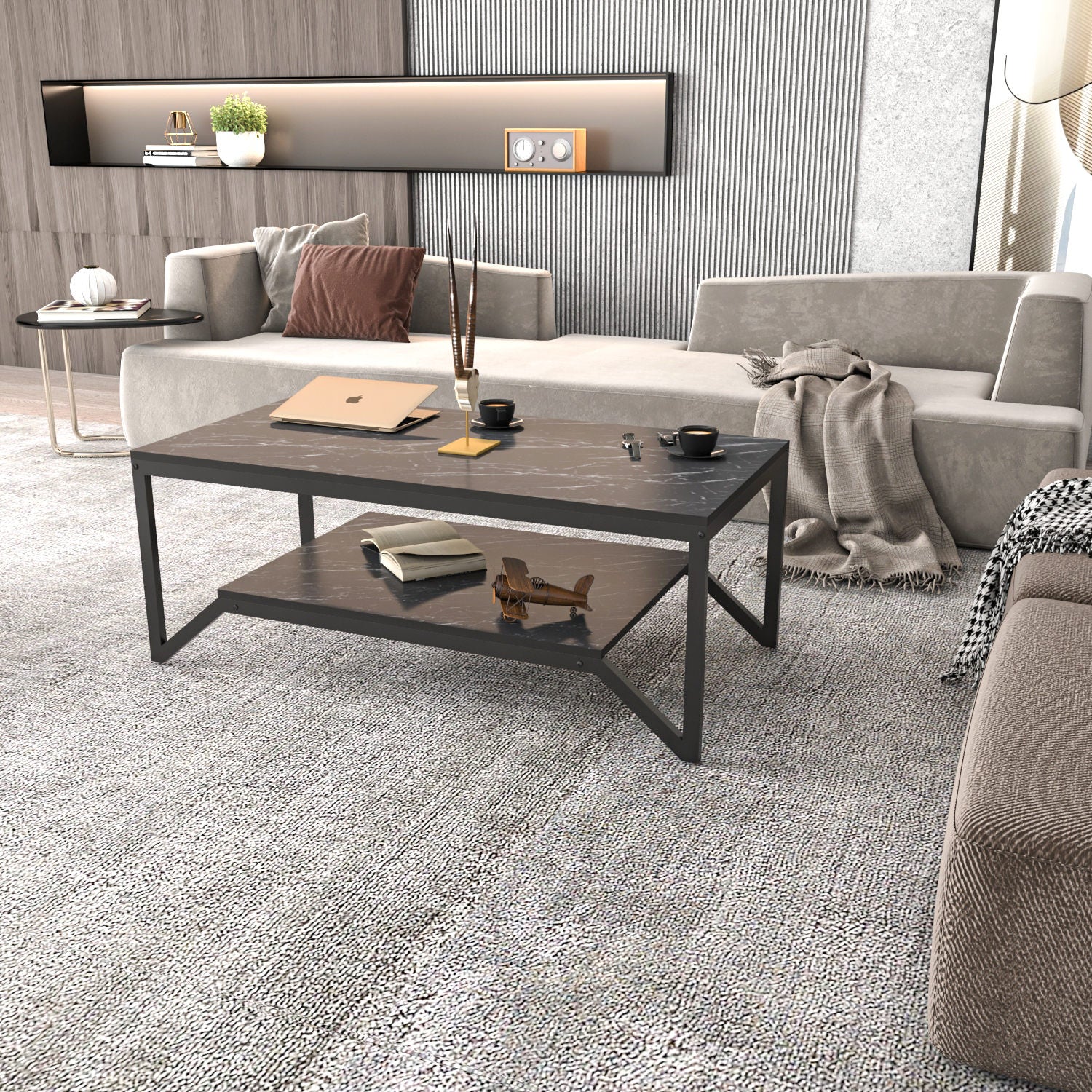 Mesa de Centro Preta Moderna, 120 x 60 x 45,8 cm | Painel de Partículas 100% Revestido em Melamina, 18 mm de Espessura | Elegante e Funcional para Sala de Estar e Escritório