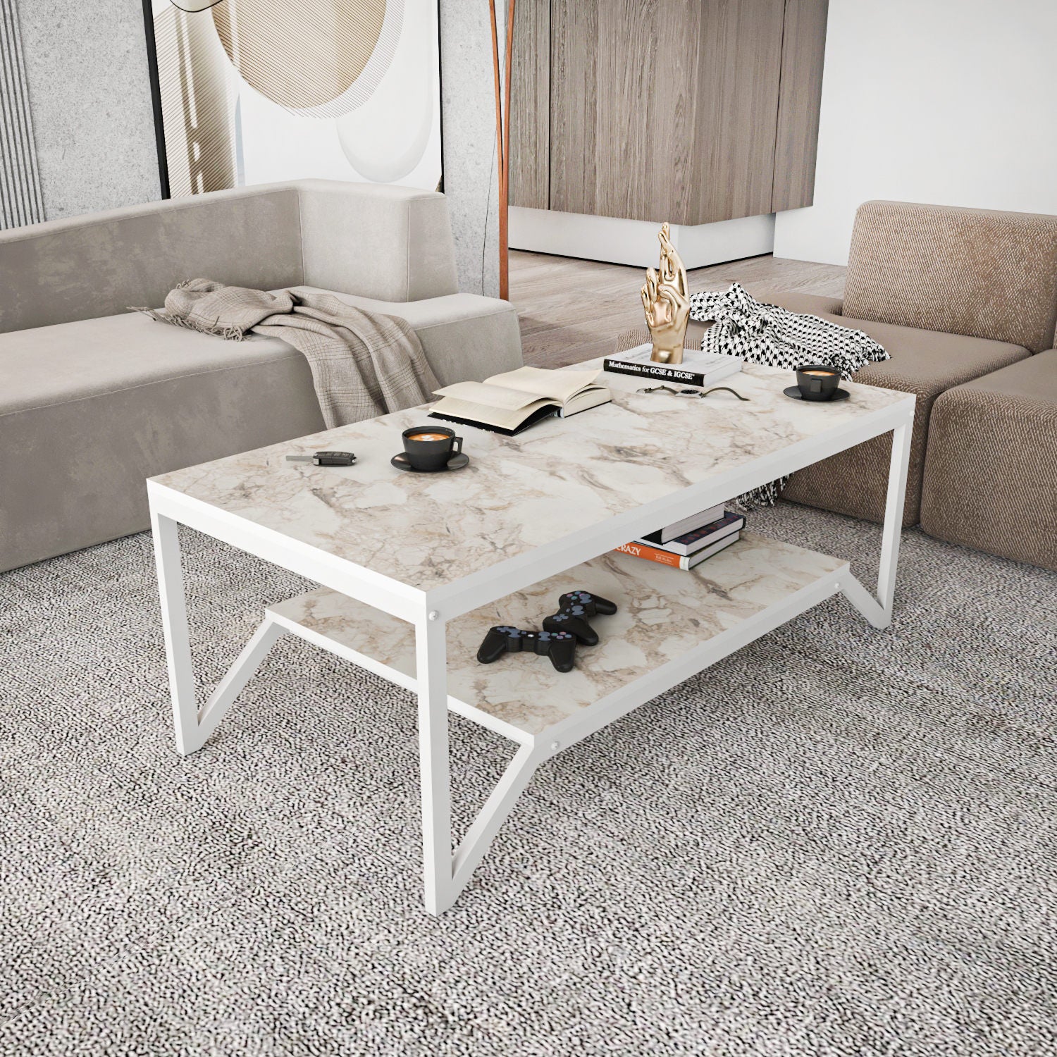 Mesa de Centro Branca Moderna, 120 x 60 x 45,8 cm | Painel de Partículas 100% Revestido em Melamina, 18 mm de Espessura | Elegante e Funcional para Sala de Estar e Lounge