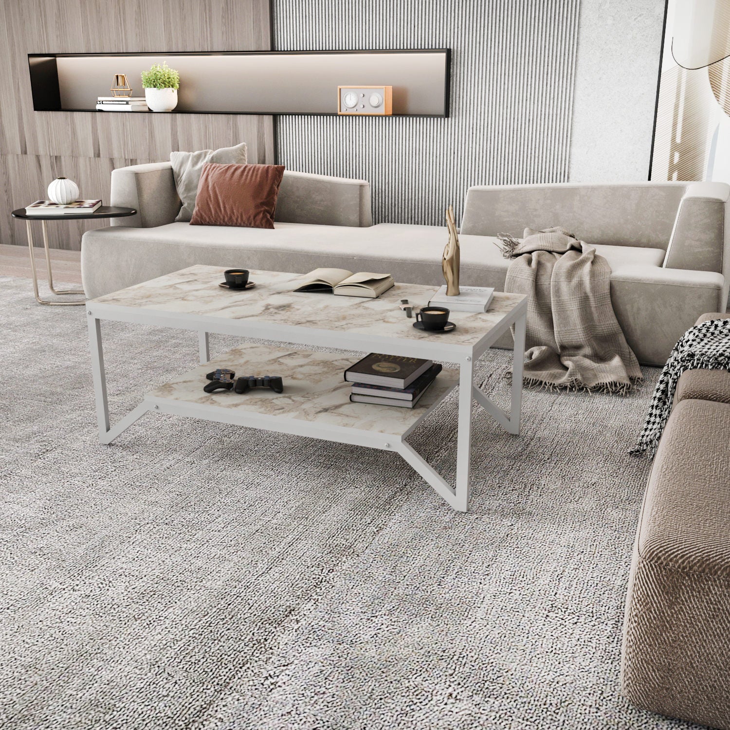 Mesa de Centro Branca Moderna, 120 x 60 x 45,8 cm | Painel de Partículas 100% Revestido em Melamina, 18 mm de Espessura | Elegante e Funcional para Sala de Estar e Lounge