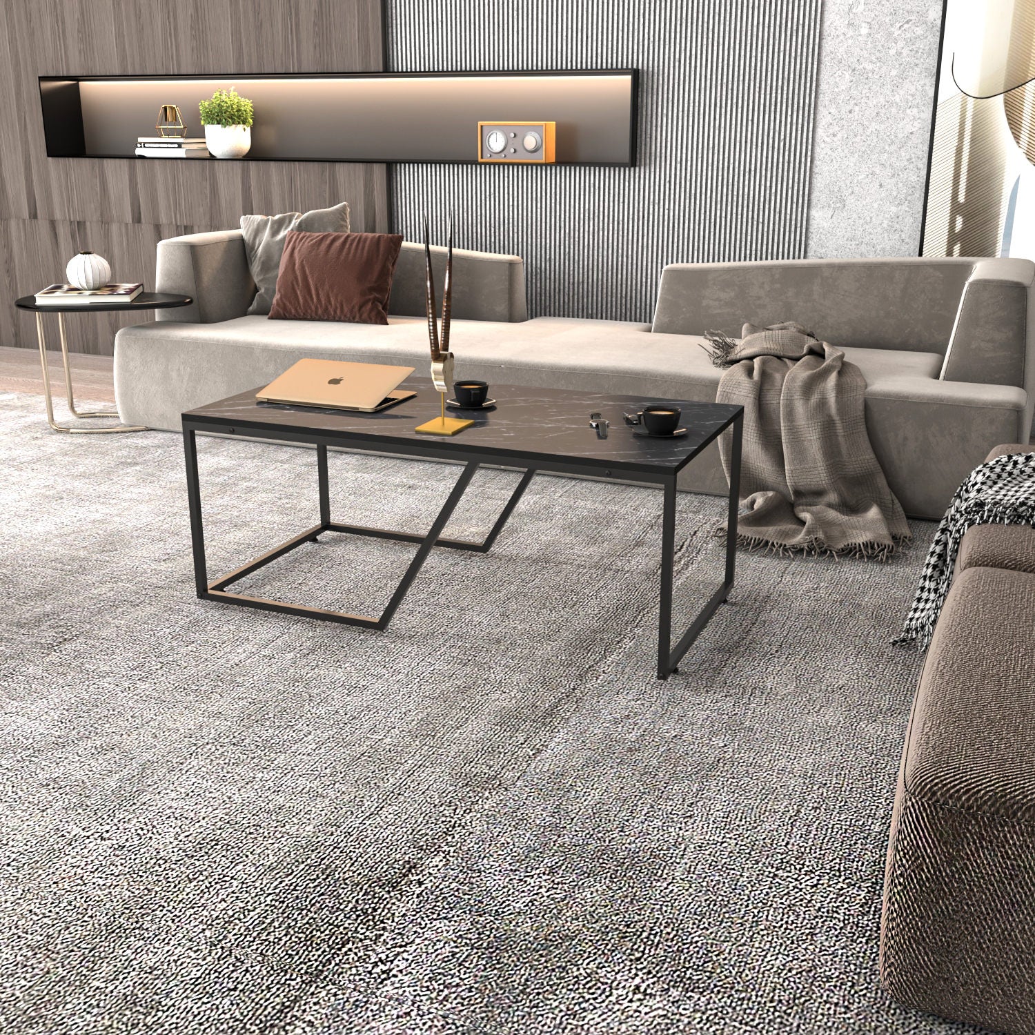 Mesa de Centro Preta Moderna, 120 x 60 x 48 cm | Painel de Partículas 100% Revestido em Melamina, 18 mm de Espessura | Design Elegante e Funcional para Espaços de Vida Contemporâneos