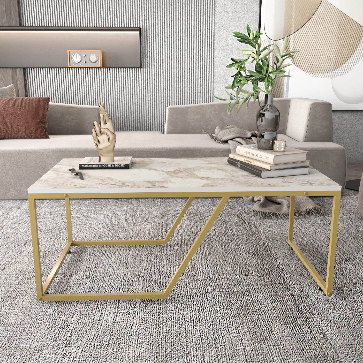Mesa de Centro Moderna, Branca e Dourada, 120 x 60 x 48 cm | Painel de Partículas 100% Revestido em Melamina, 18 mm de Espessura | Design Glamouroso para Espaços de Convivência Elegantes