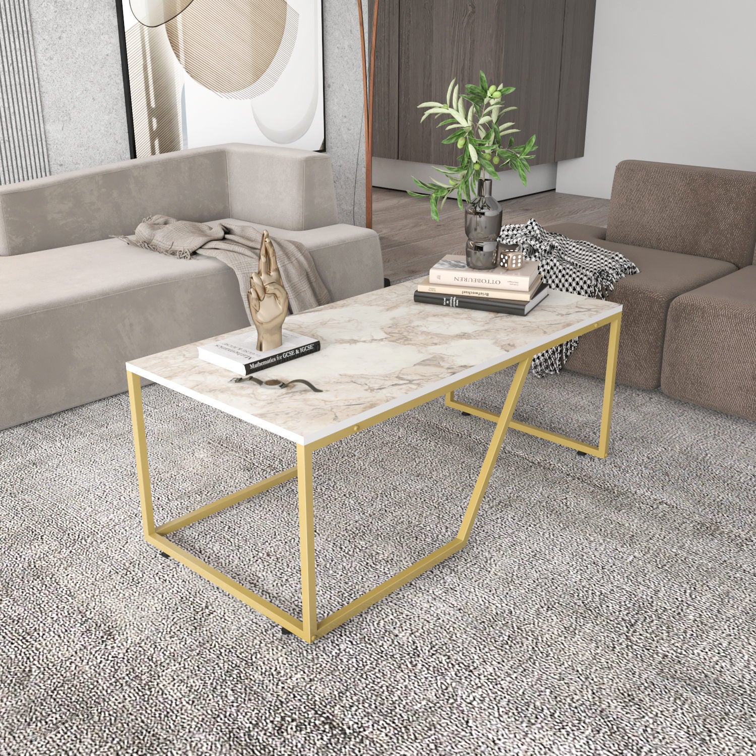 Mesa de Centro Moderna, Branca e Dourada, 120 x 60 x 48 cm | Painel de Partículas 100% Revestido em Melamina, 18 mm de Espessura | Design Glamouroso para Espaços de Convivência Elegantes