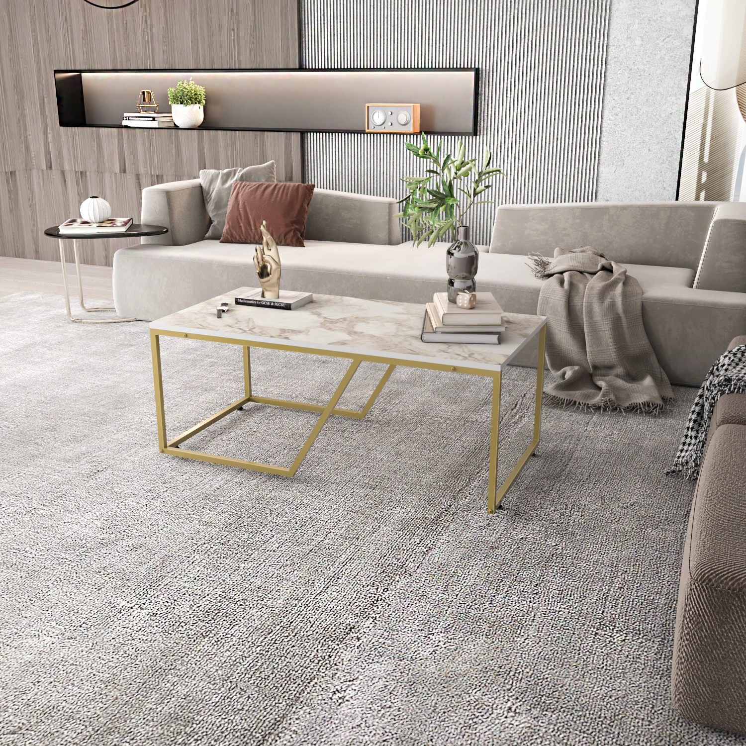 Mesa de Centro Moderna, Branca e Dourada, 120 x 60 x 48 cm | Painel de Partículas 100% Revestido em Melamina, 18 mm de Espessura | Design Glamouroso para Espaços de Convivência Elegantes