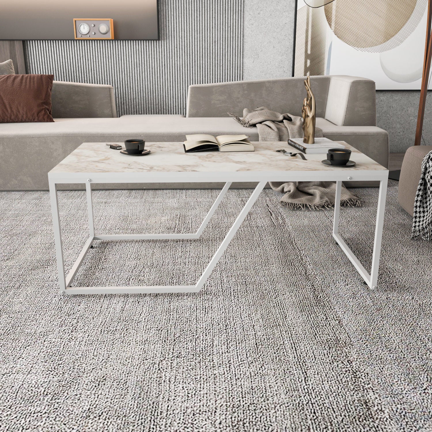 Mesa de Centro Branca Moderna, 120 x 60 x 48 cm | Painel de Partículas 100% Revestido em Melamina, 18 mm de Espessura | Design Elegante e Funcional para Espaços de Vida Contemporâneos