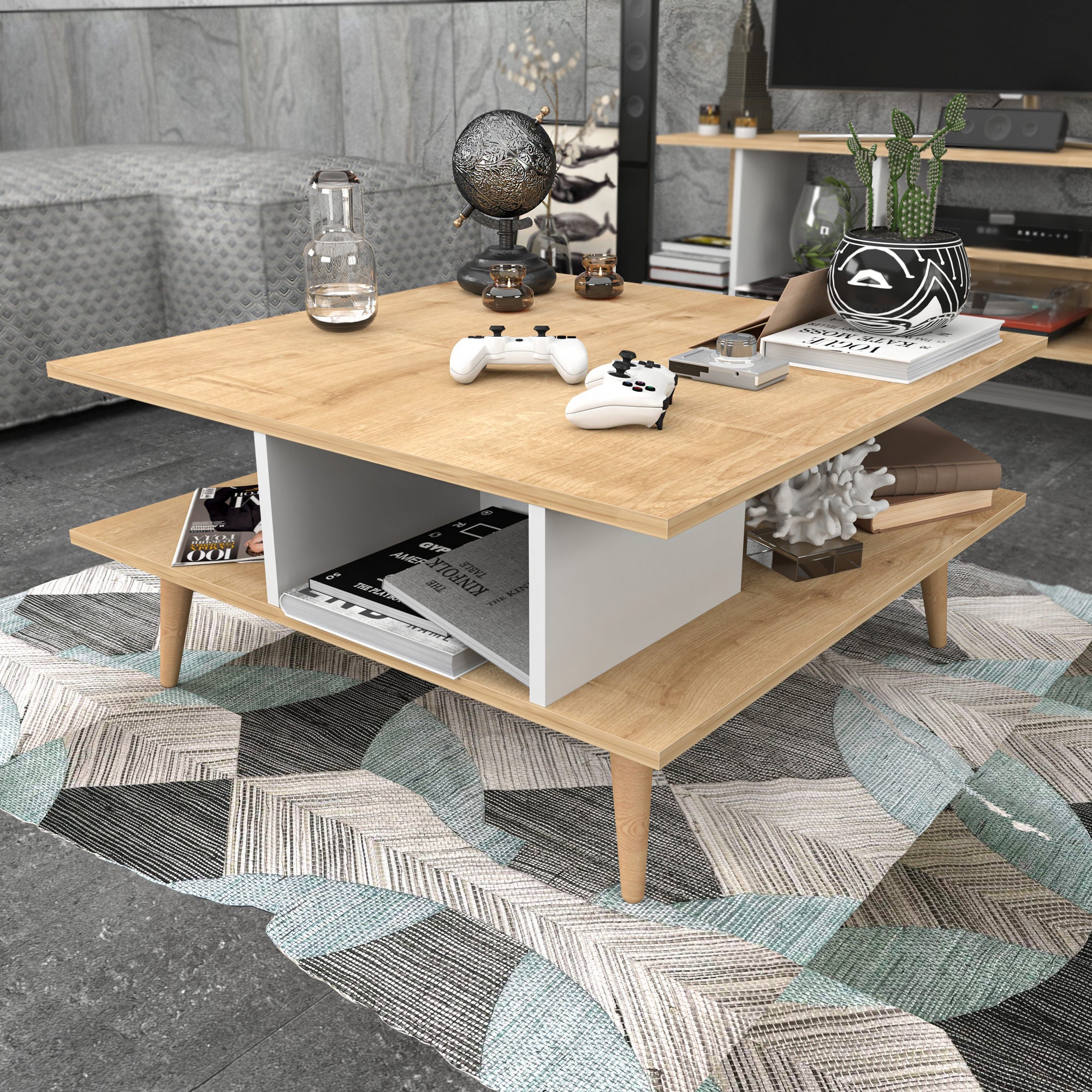 Mesa de Centro Moderna, Carvalho e Branco, 89 x 89 x 44 cm | Painel de Partículas 100% Revestido em Melamina, 18 mm de Espessura | Elegante e Funcional para Qualquer Espaço