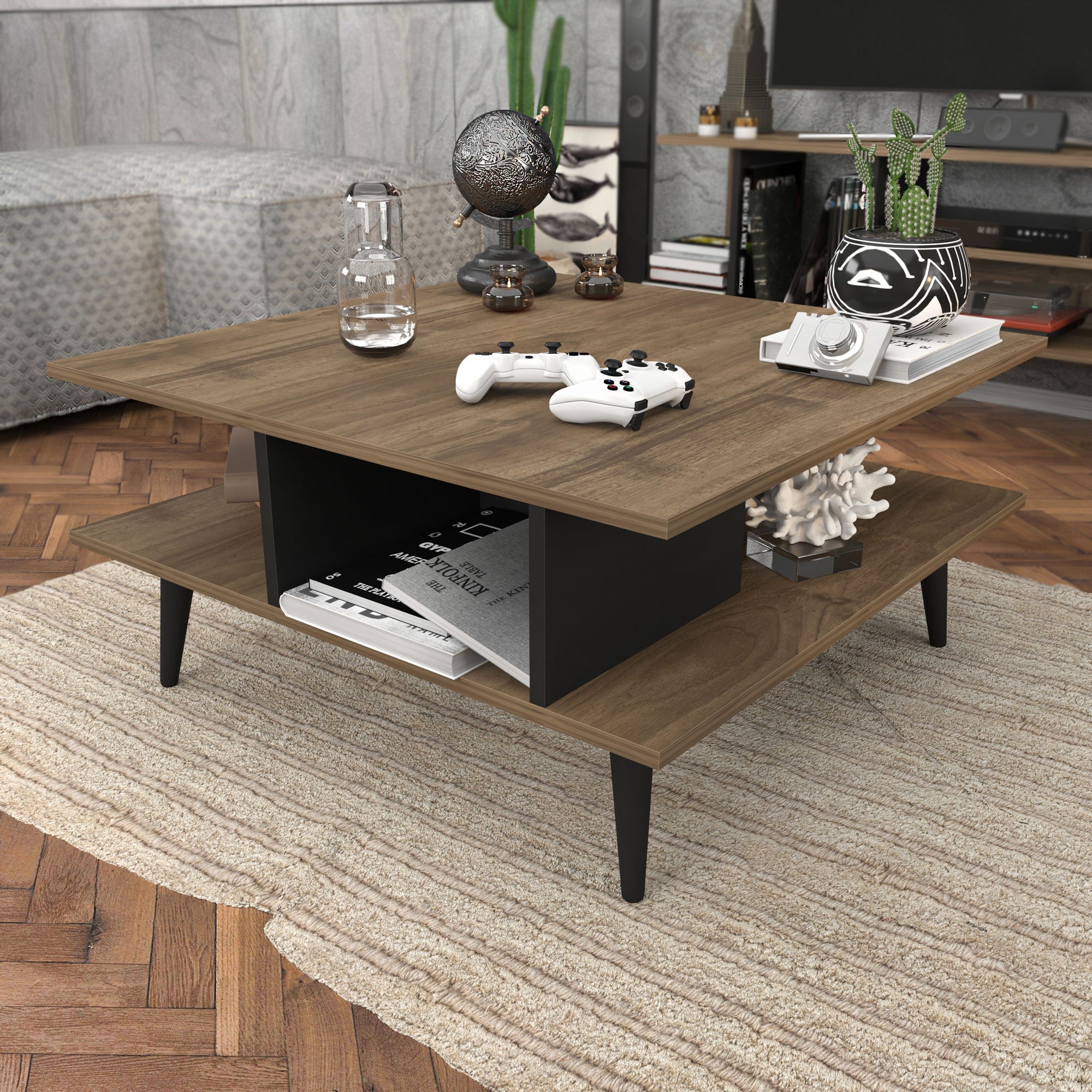 Mesa de Centro Moderna, Nogueira e Preto, 89 x 89 x 44 cm | Painel de Partículas 100% Revestido em Melamina, 18 mm de Espessura | Elegante e Funcional para Qualquer Espaço