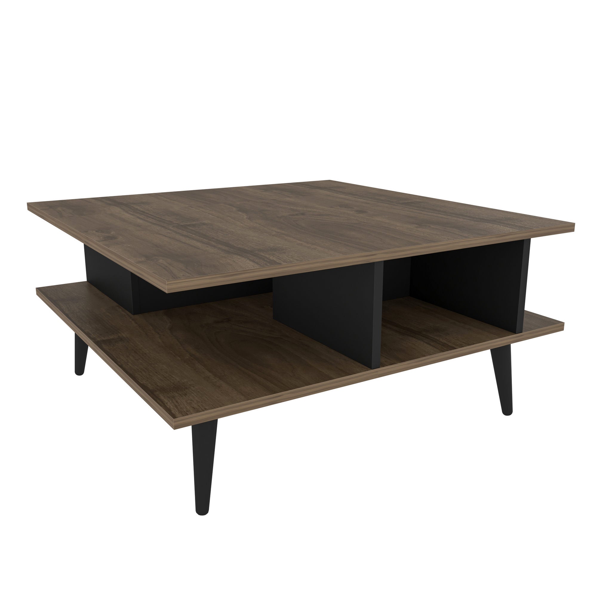 Mesa de Centro Moderna, Nogueira e Preto, 89 x 89 x 44 cm | Painel de Partículas 100% Revestido em Melamina, 18 mm de Espessura | Elegante e Funcional para Qualquer Espaço