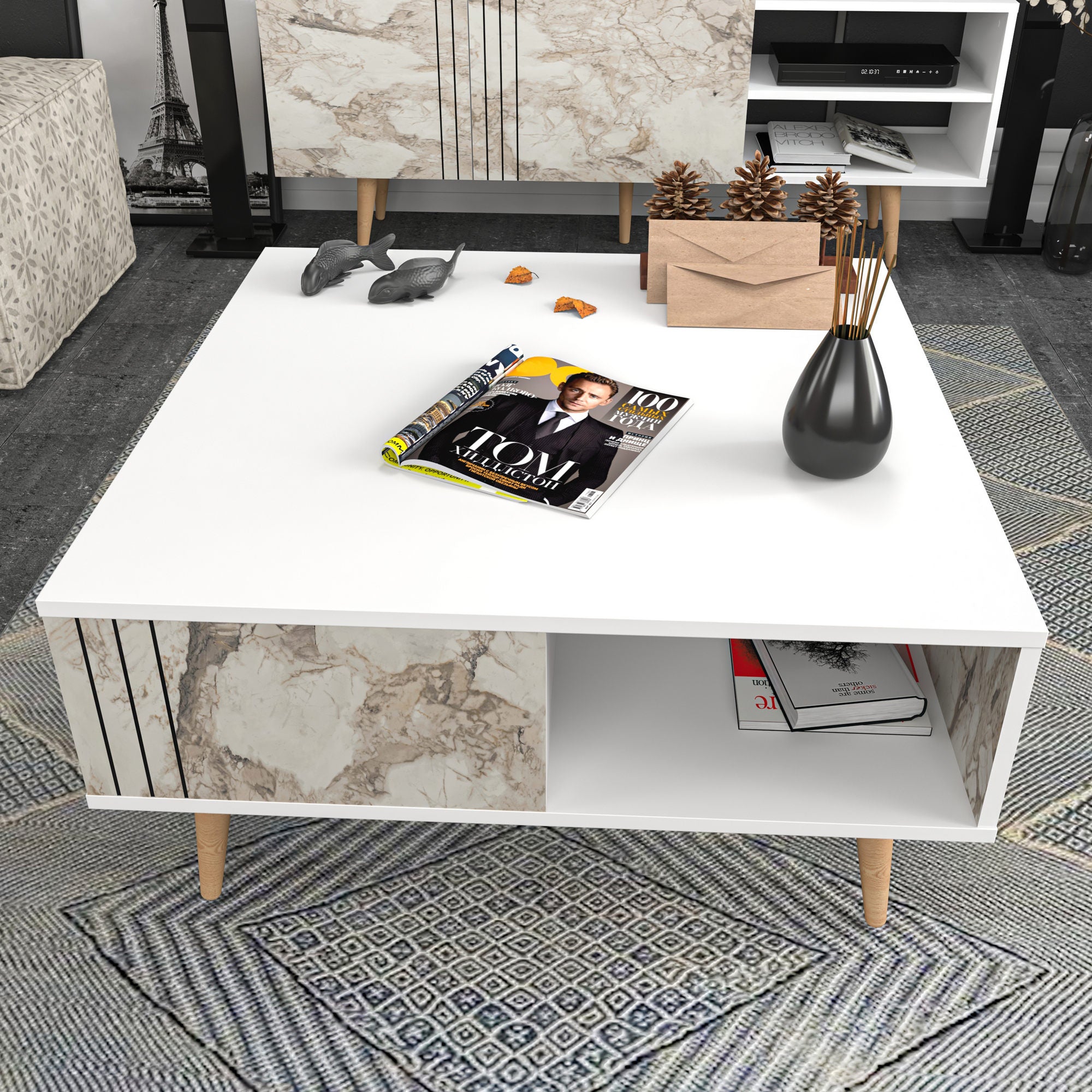 Mesa de Centro Branca Moderna, 89,6 x 89,6 x 46,5 cm | Painel de Partículas 100% Revestido em Melamina, 18 mm de Espessura | Elegante e Funcional para Qualquer Espaço