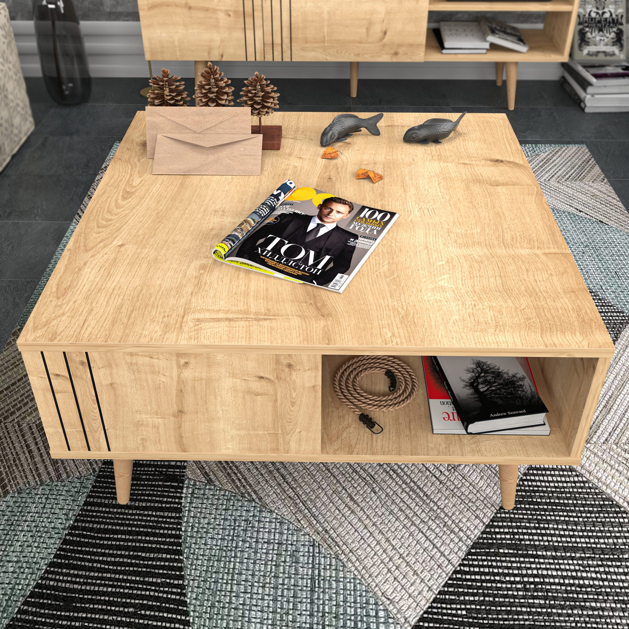 Mesa de Centro Moderna em Carvalho, 89,6 x 89,6 x 46,5 cm | Painel de Partículas 100% Revestido em Melamina, 18 mm de Espessura | Design Escandinavo para Espaços de Vida Elegantes