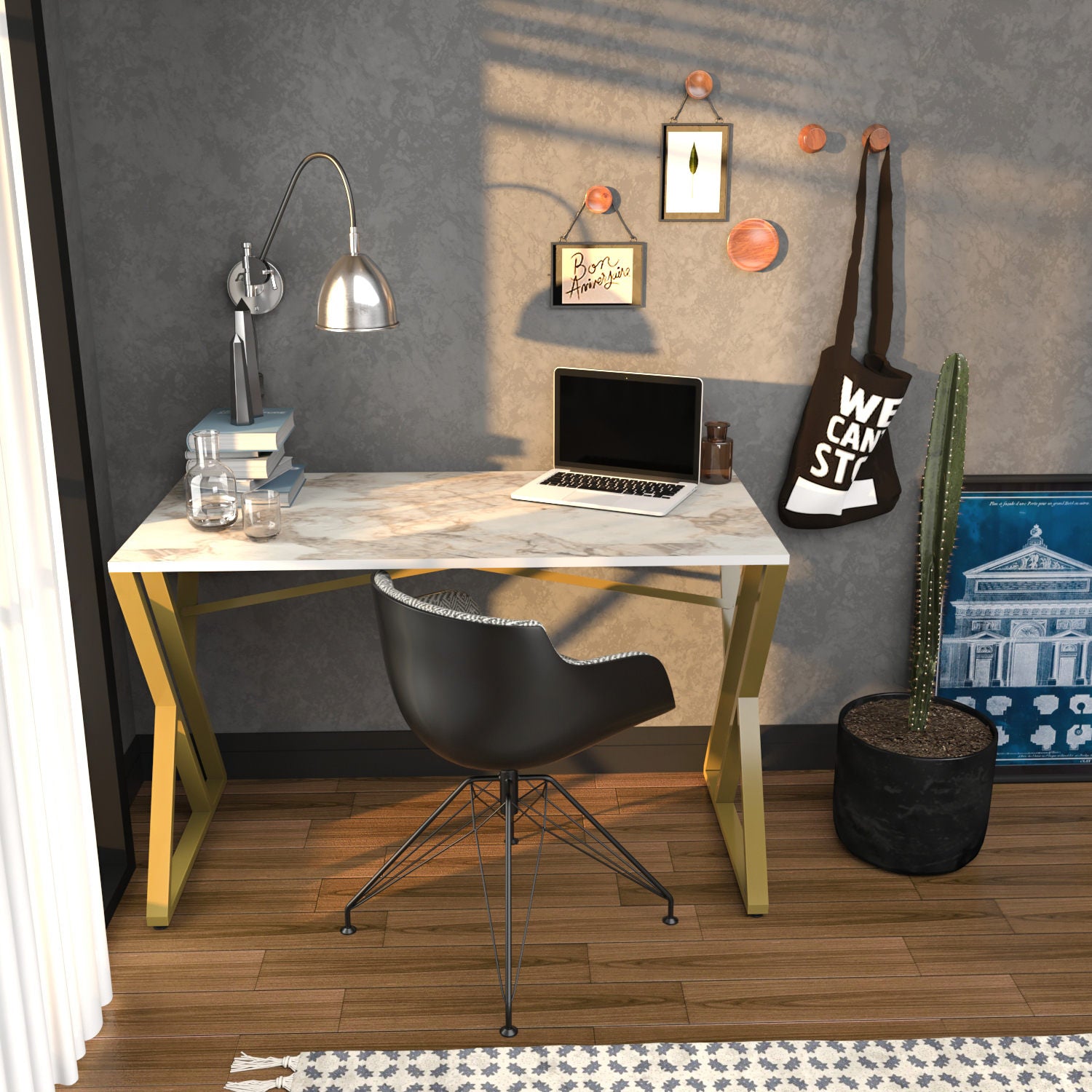 Secretária de Estudo/Escritório Moderna, Branca e Dourada, 120 x 60 x 75 cm | Painel de Partículas 100% Revestido em Melamina, 18 mm de Espessura | Design Elegante e Glamouroso para Escritório em Casa