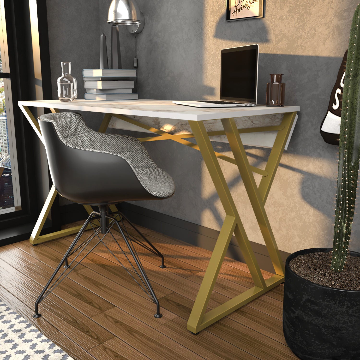 Secretária de Estudo/Escritório Moderna, Branca e Dourada, 120 x 60 x 75 cm | Painel de Partículas 100% Revestido em Melamina, 18 mm de Espessura | Design Elegante e Glamouroso para Escritório em Casa