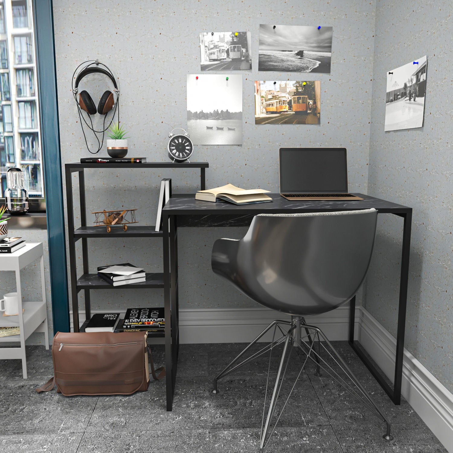 Secretária de Estudo/Escritório Moderna, Preta, 133 x 60 x 76,8 cm | Painel de Partículas 100% Revestido em Melamina, 18 mm de Espessura, Estrutura de Metal Resistente | Elegante e Funcional para Escritório em Casa