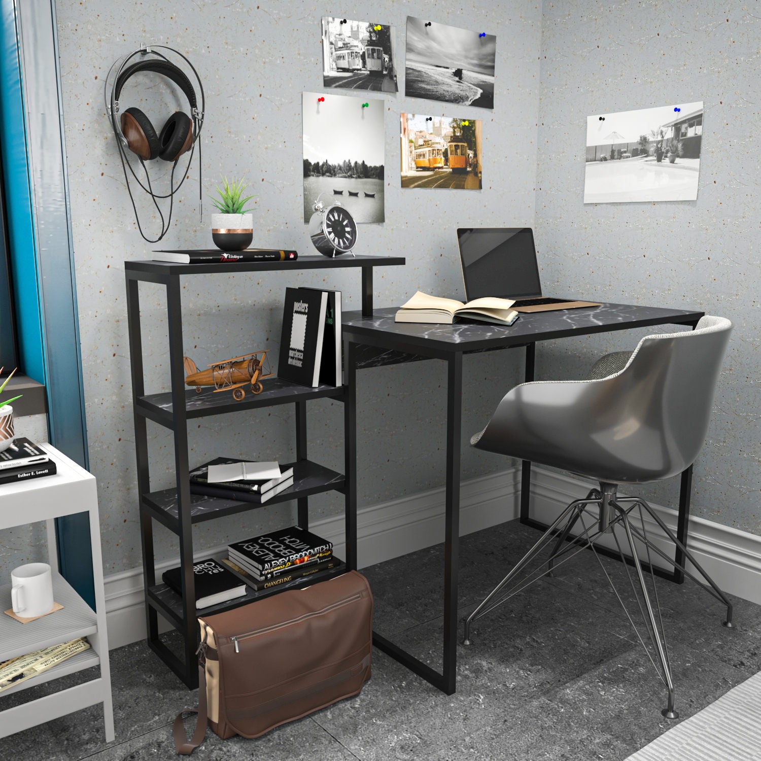 Secretária de Estudo/Escritório Moderna, Preta, 133 x 60 x 76,8 cm | Painel de Partículas 100% Revestido em Melamina, 18 mm de Espessura, Estrutura de Metal Resistente | Elegante e Funcional para Escritório em Casa