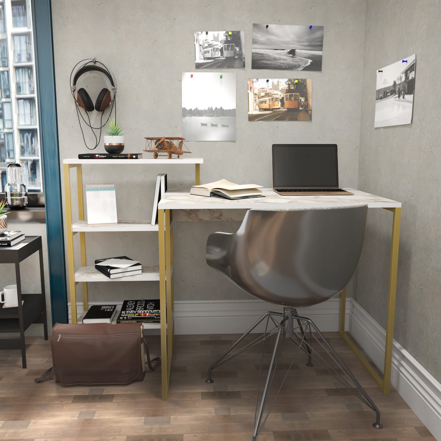 Secretária de Estudo/Escritório Moderna em Ouro, 133 cm x 60 cm x 76,8 cm | Painel de Partículas 100% Revestido em Melamina e Estrutura de Metal, 18 mm de Espessura | Design Elegante e Glamouroso para Escritório em Casa