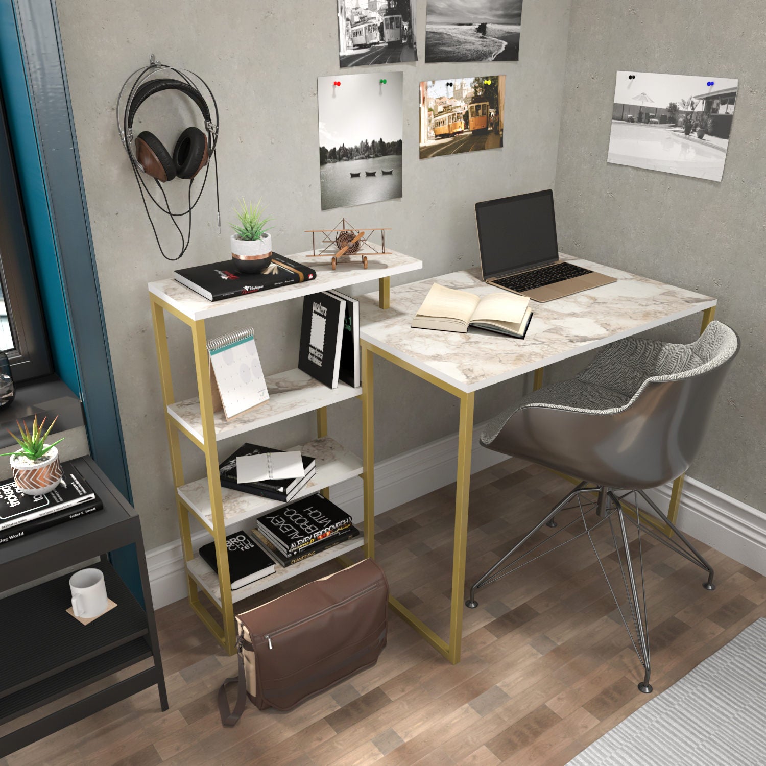 Secretária de Estudo/Escritório Moderna em Ouro, 133 cm x 60 cm x 76,8 cm | Painel de Partículas 100% Revestido em Melamina e Estrutura de Metal, 18 mm de Espessura | Design Elegante e Glamouroso para Escritório em Casa