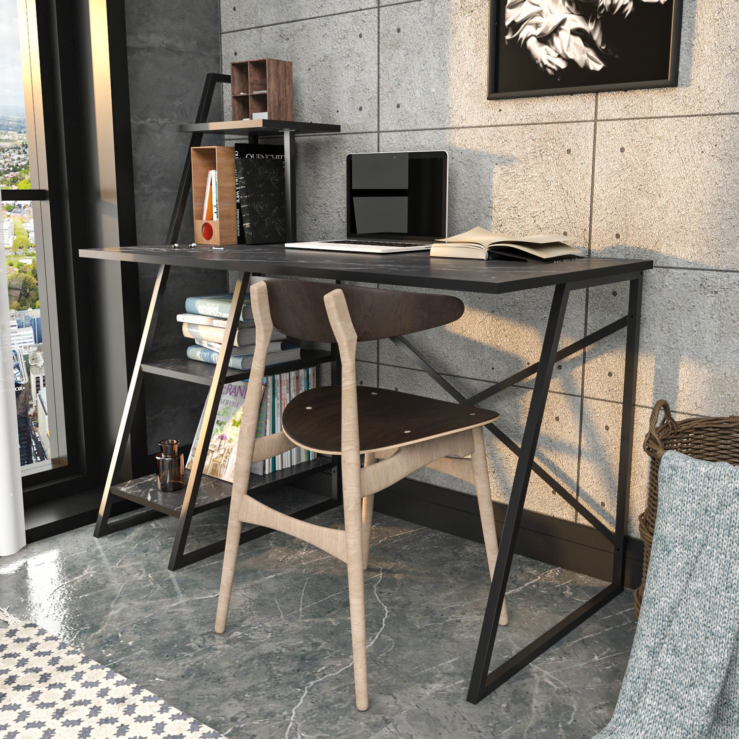 Secretária de Estudo/Escritório Moderna, Preto Antracite, 120 x 60 x 120 cm | Painel de Partículas 100% Revestido em Melamina, 18 mm de Espessura, Estrutura de Metal Resistente | Elegante e Funcional para Escritório em Casa