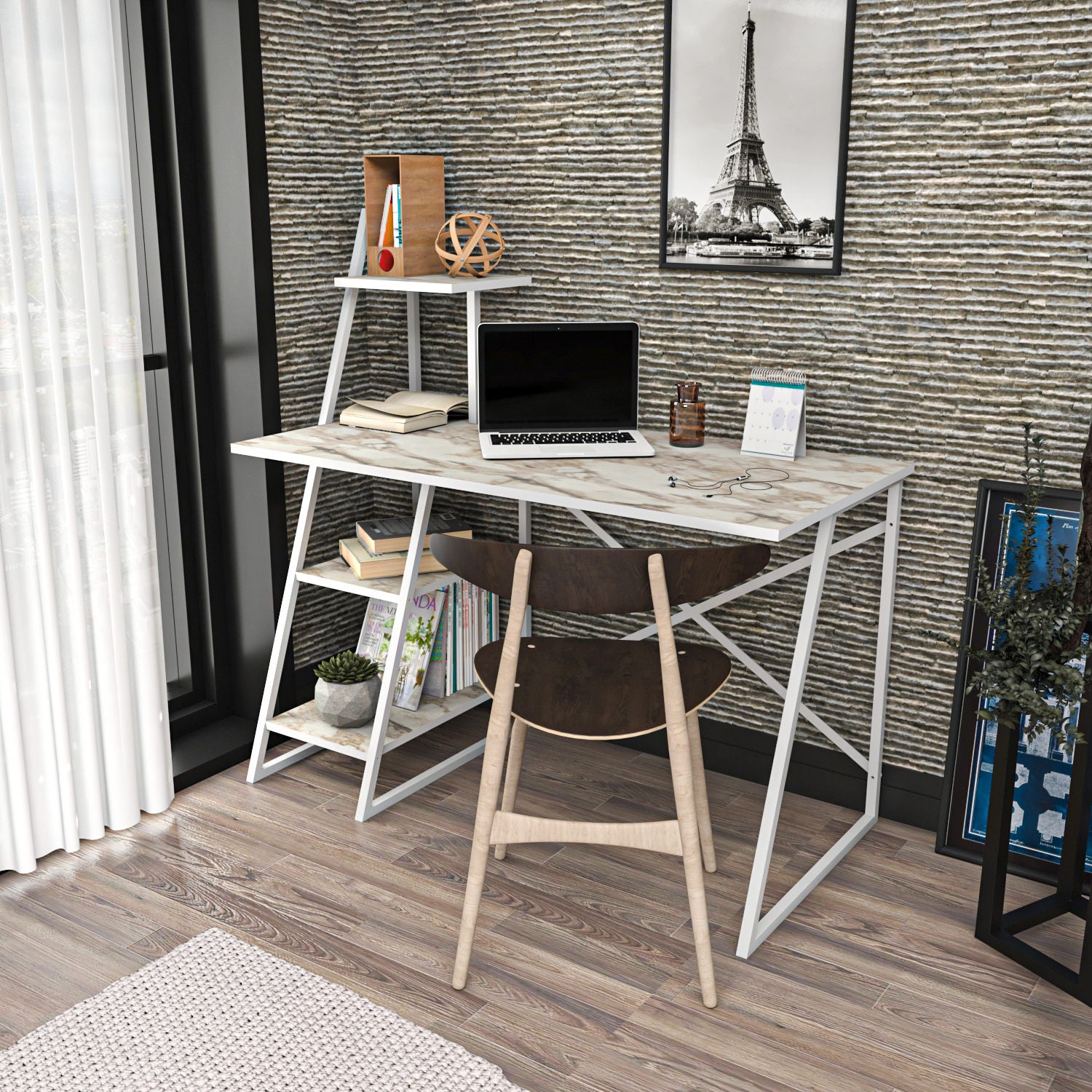 Secretária de Estudo/Escritório Moderna, Branca, 120 x 60 x 120 cm | Painel de Partículas 100% Revestido em Melamina, 18 mm de Espessura, Estrutura de Metal | Elegante e Moderna para Escritório em Casa