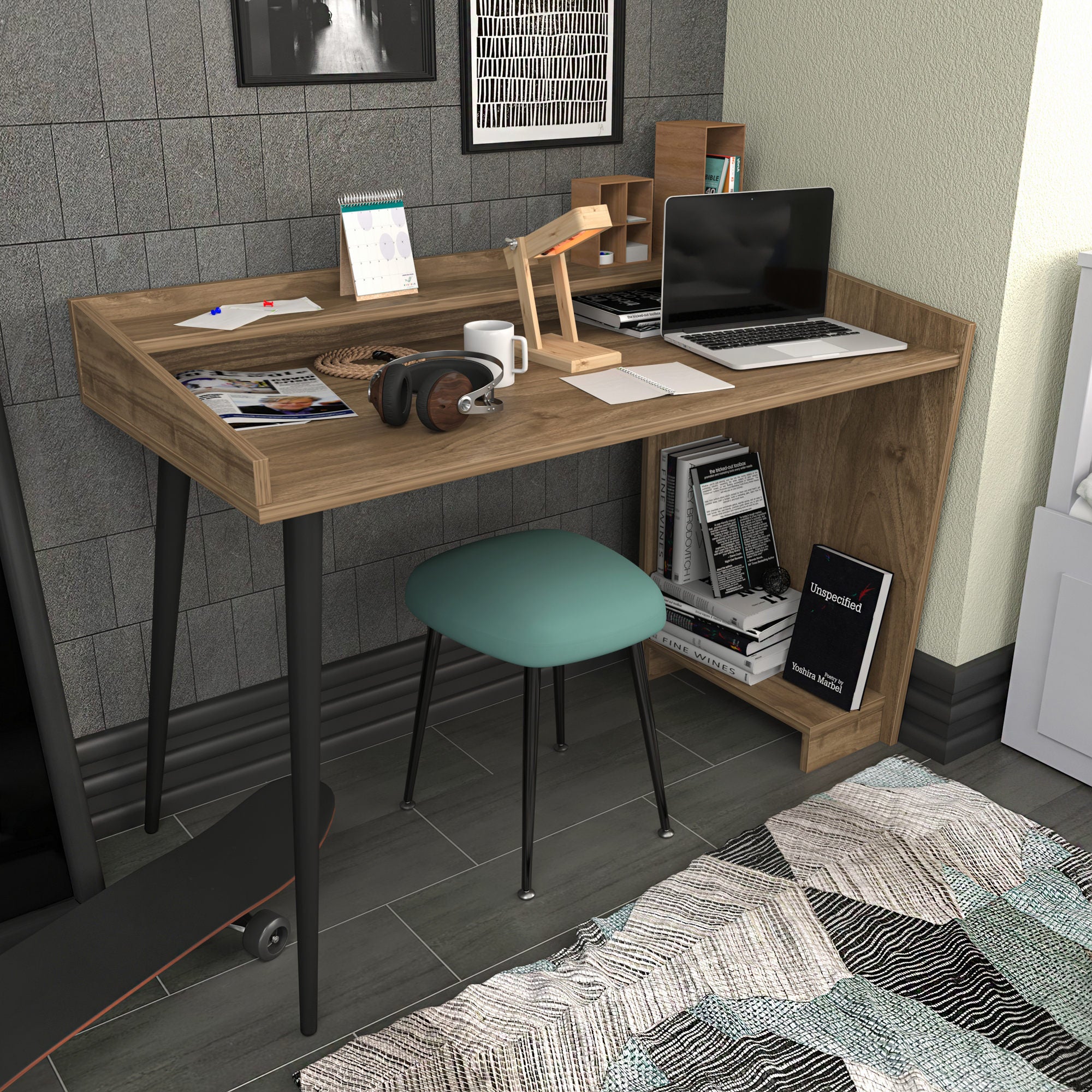 Secretária de Estudo/Escritório Moderna em Nogueira, 121,8 x 59 x 88,3 cm | Painel de Partículas 100% Revestido em Melamina, 18 mm de Espessura | Elegante e Funcional para Uso Doméstico ou Hoteleiro