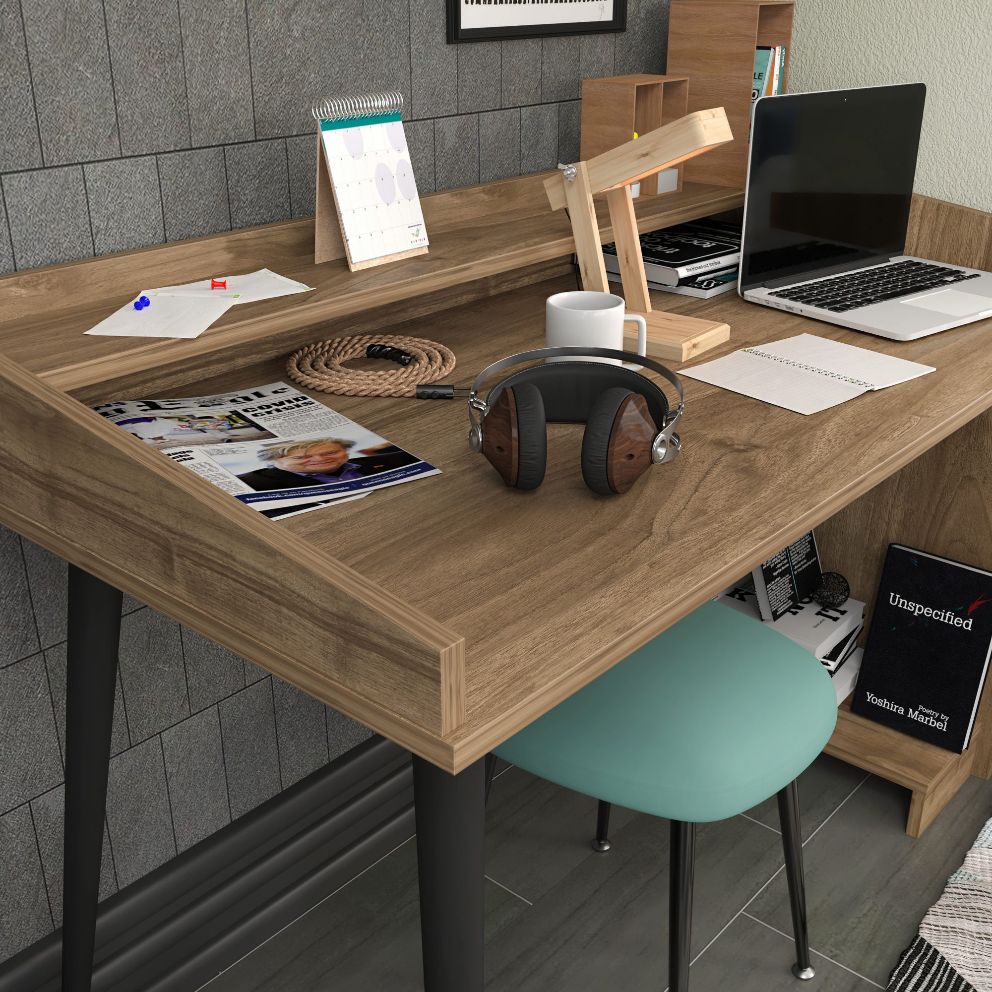 Secretária de Estudo/Escritório Moderna em Nogueira, 121,8 x 59 x 88,3 cm | Painel de Partículas 100% Revestido em Melamina, 18 mm de Espessura | Elegante e Funcional para Uso Doméstico ou Hoteleiro