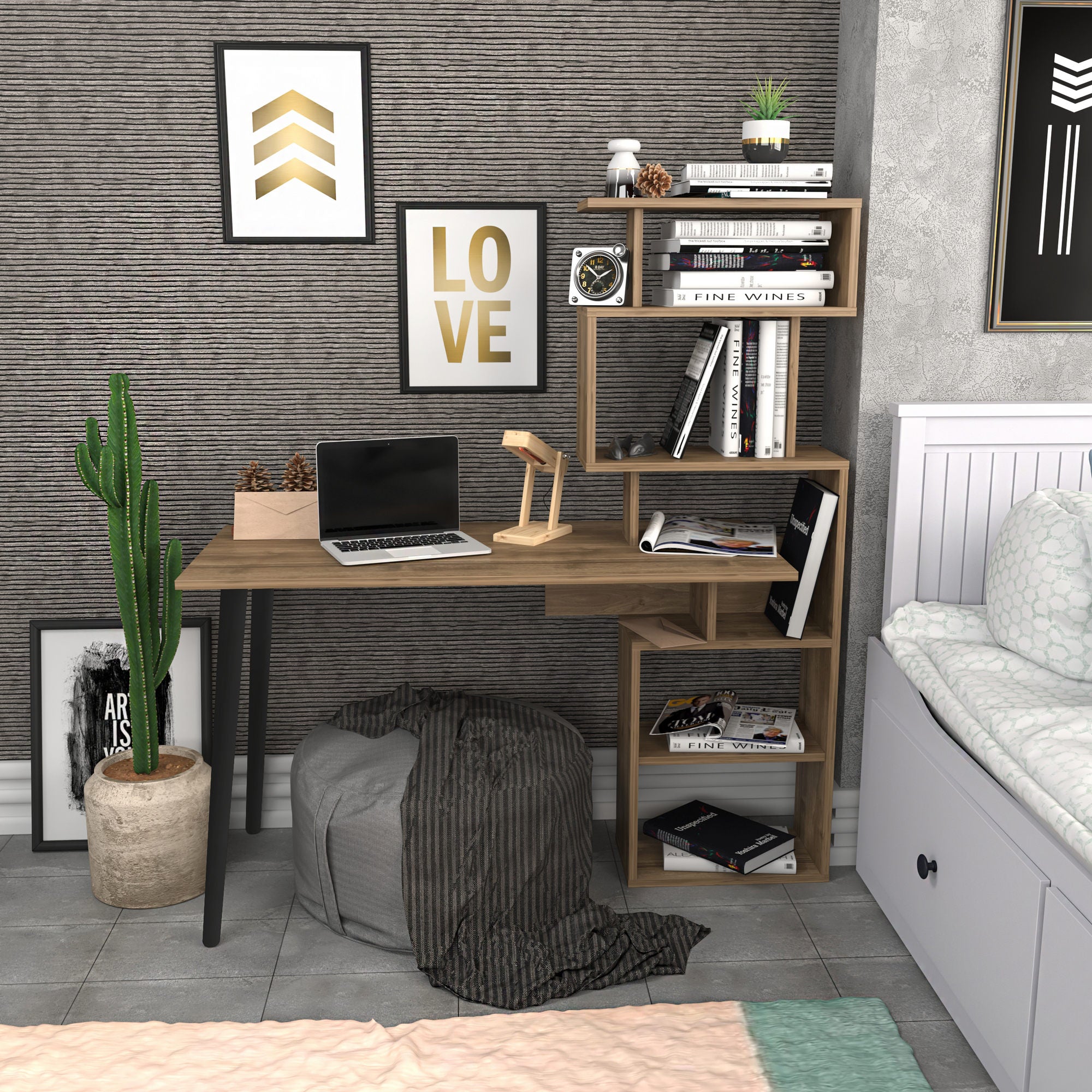 Secretária de Estudo/Escritório Moderna, Cor Nogueira, 133 x 55 x 146,4 cm | Painel de Partículas 100% Revestido em Melamina, 18 mm de Espessura | Elegante e Funcional para Escritório em Casa