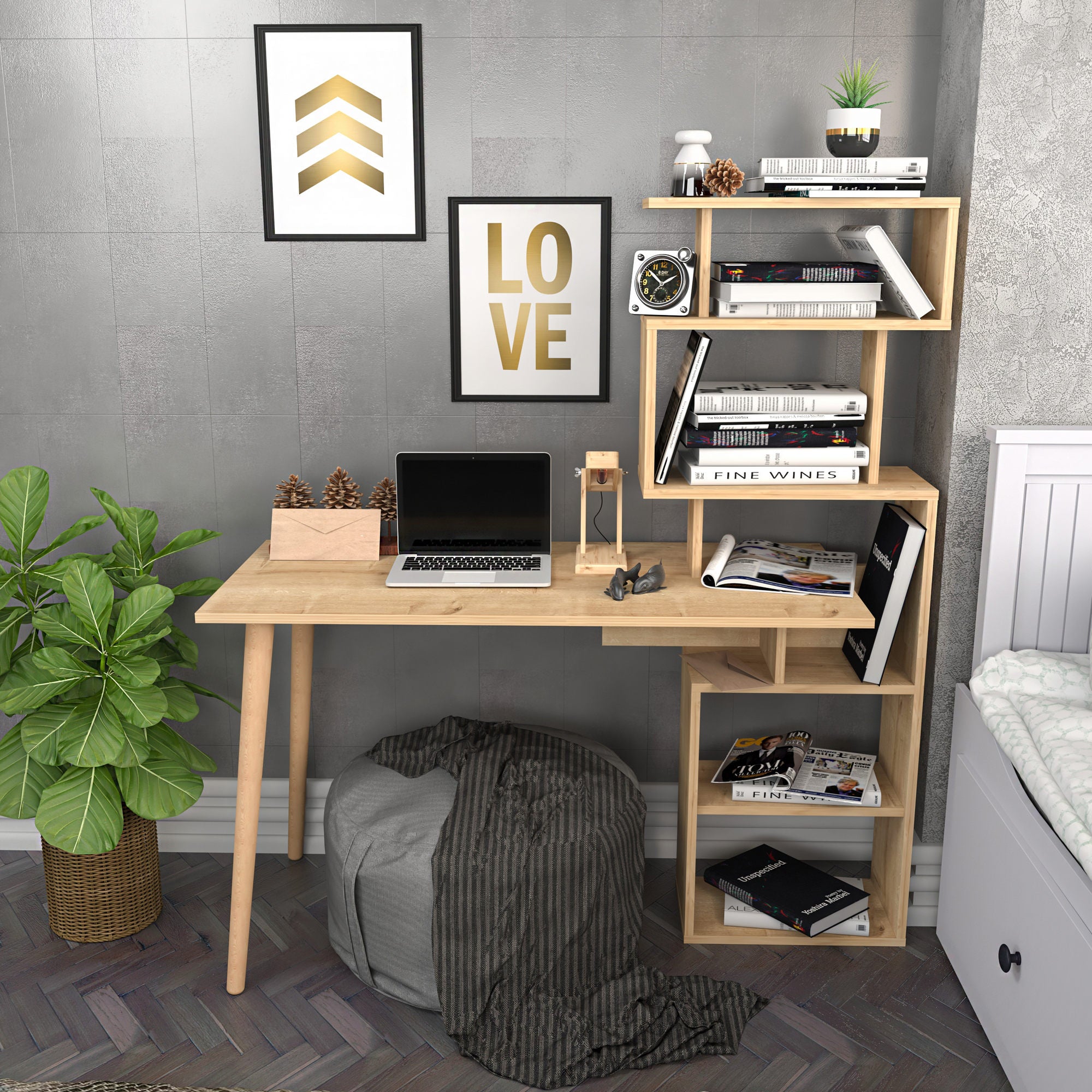 Secretária de Estudo/Escritório Escandinava Moderna, Cor Carvalho, 133 x 55 x 146,4 cm | Painel de Partículas 100% Revestido em Melamina, 18 mm de Espessura | Elegante e Funcional para Escritório em Casa