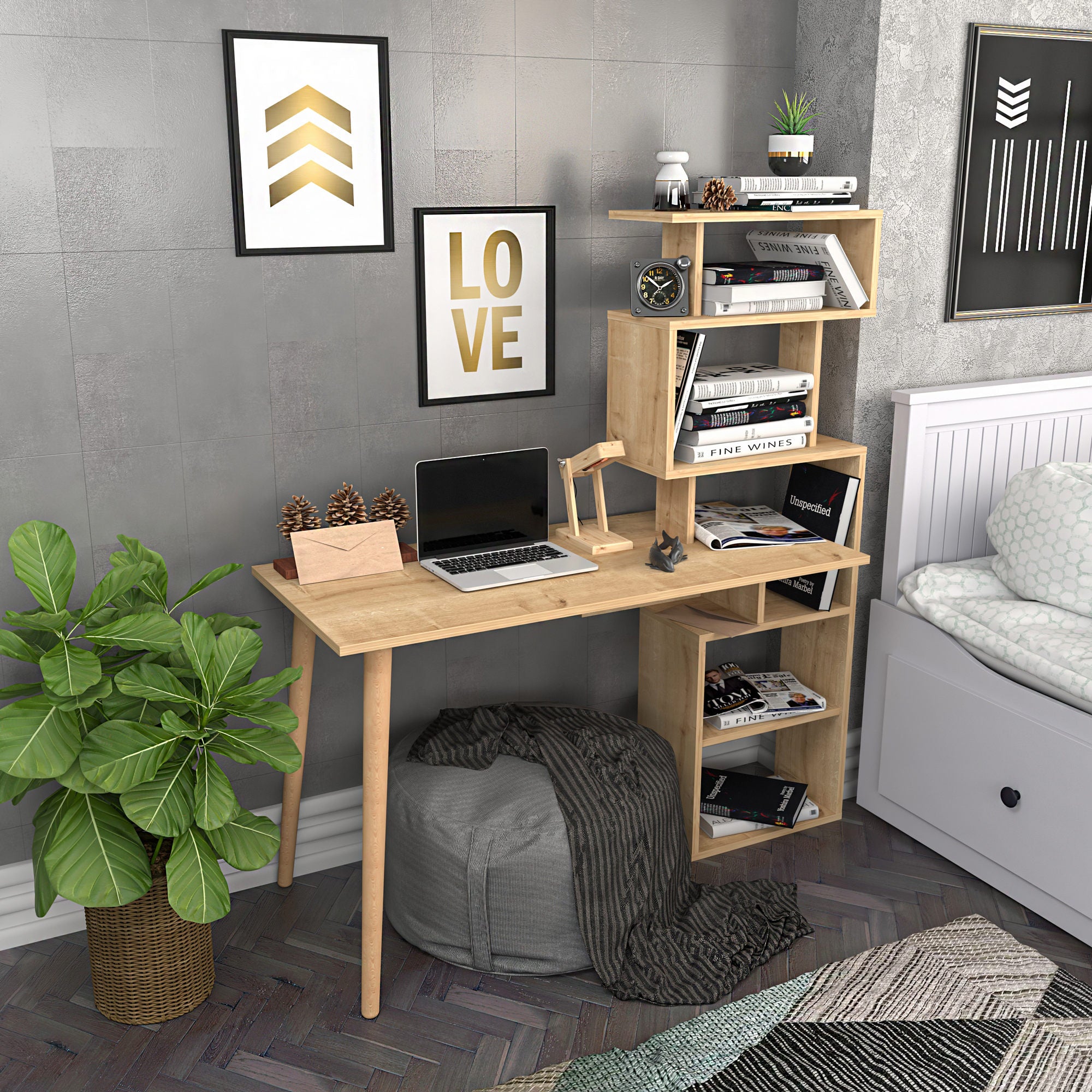 Secretária de Estudo/Escritório Escandinava Moderna, Cor Carvalho, 133 x 55 x 146,4 cm | Painel de Partículas 100% Revestido em Melamina, 18 mm de Espessura | Elegante e Funcional para Escritório em Casa