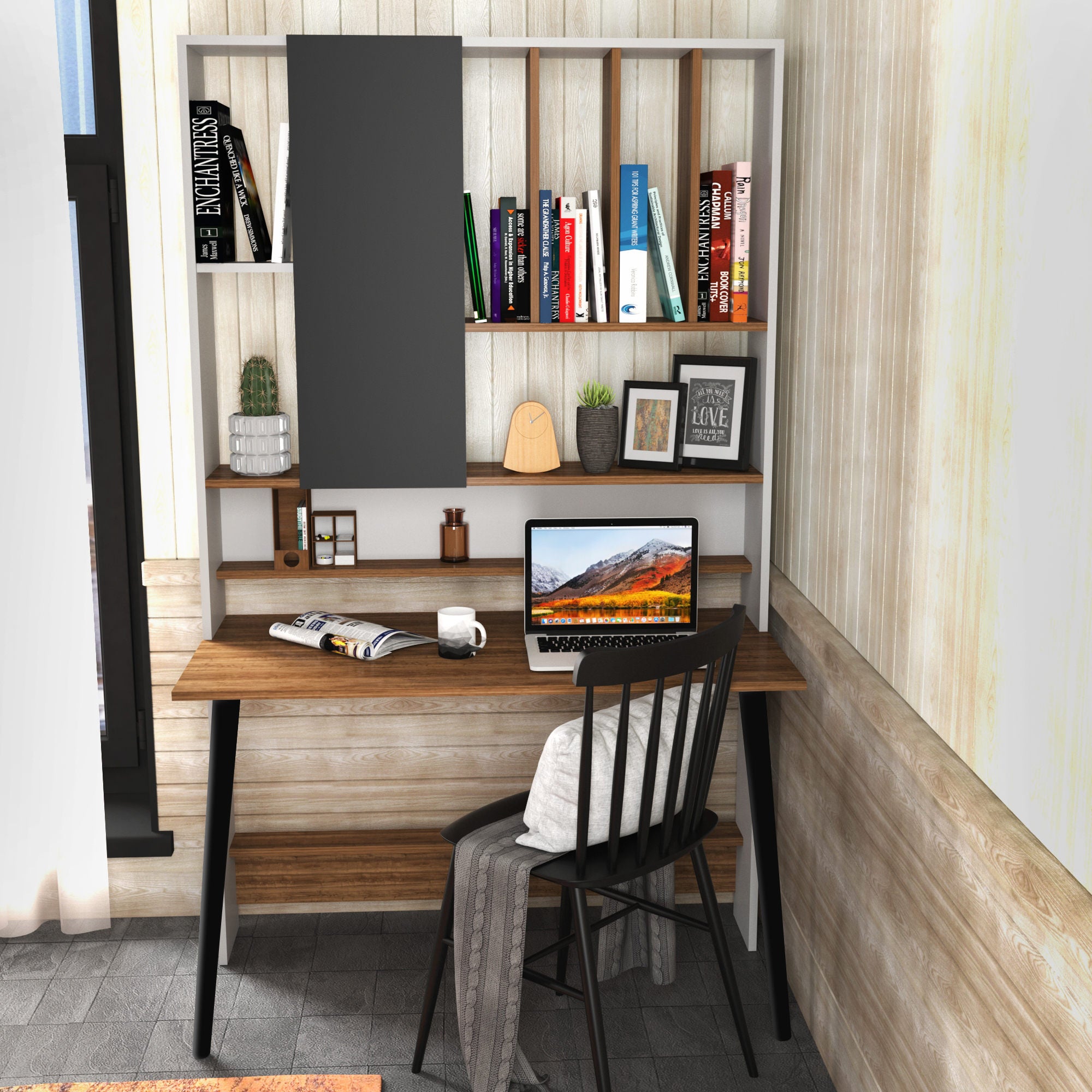 Secretária de Estudo/Escritório Moderna, Branca e Nogueira, 120 x 60 x 196,6 cm | Painel de Partículas 100% Revestido em Melamina, 18 mm de Espessura | Elegante e Funcional para Escritório em Casa