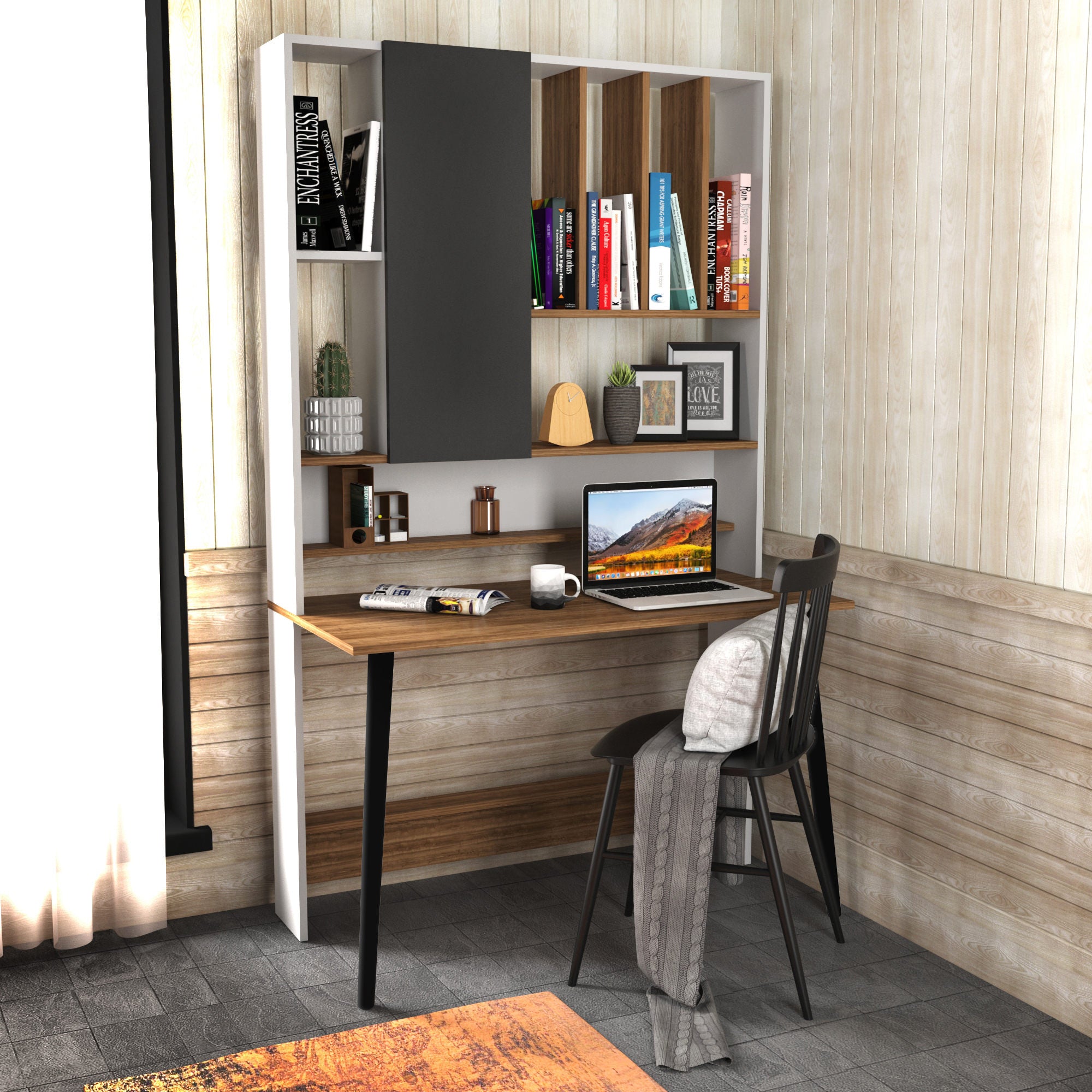 Secretária de Estudo/Escritório Moderna, Branca e Nogueira, 120 x 60 x 196,6 cm | Painel de Partículas 100% Revestido em Melamina, 18 mm de Espessura | Elegante e Funcional para Escritório em Casa