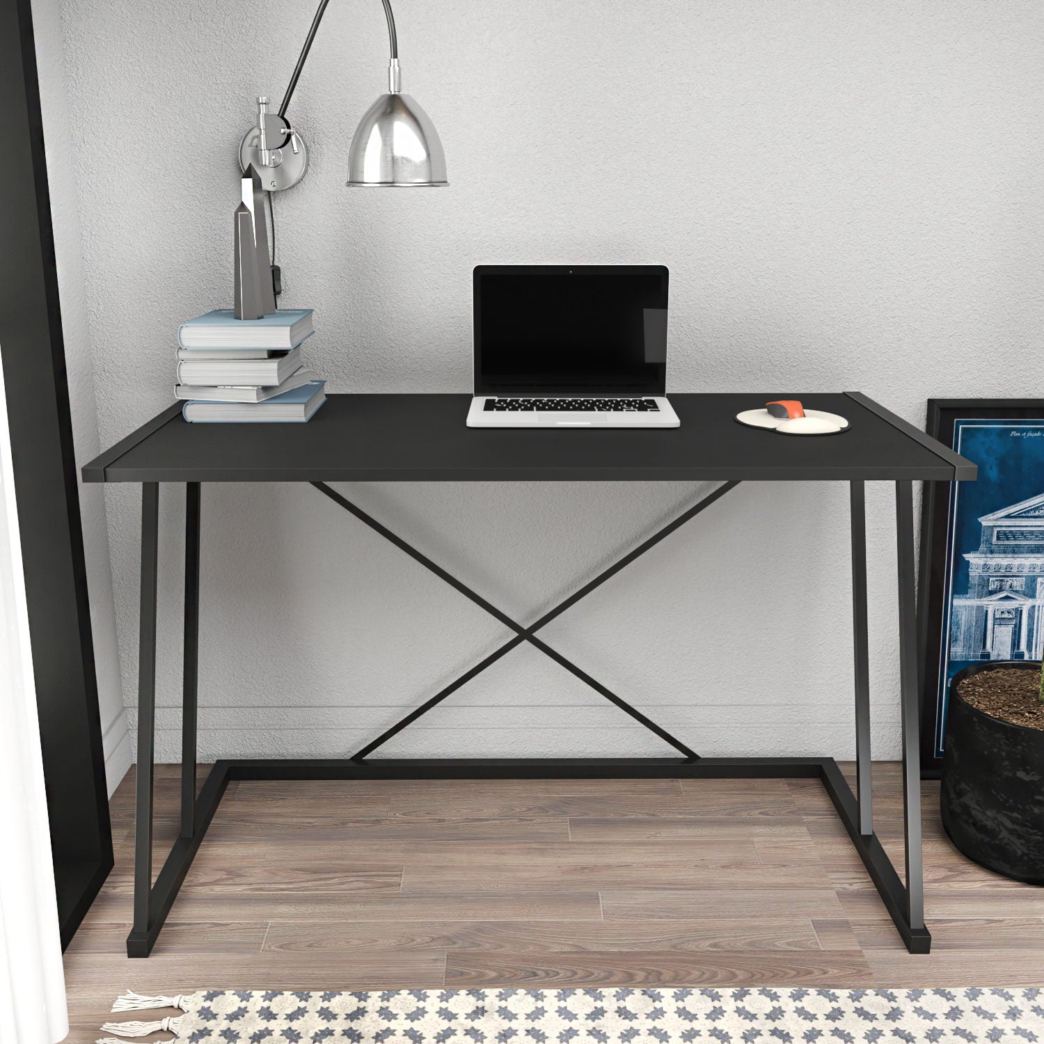 Secretária de Estudo/Escritório Moderna, Preta e Antracite, 114 x 60 x 75 cm | Painel de Partículas 100% Revestido em Melamina, 18 mm de Espessura, Estrutura de Metal Resistente | Ideal para Casa e Escritório