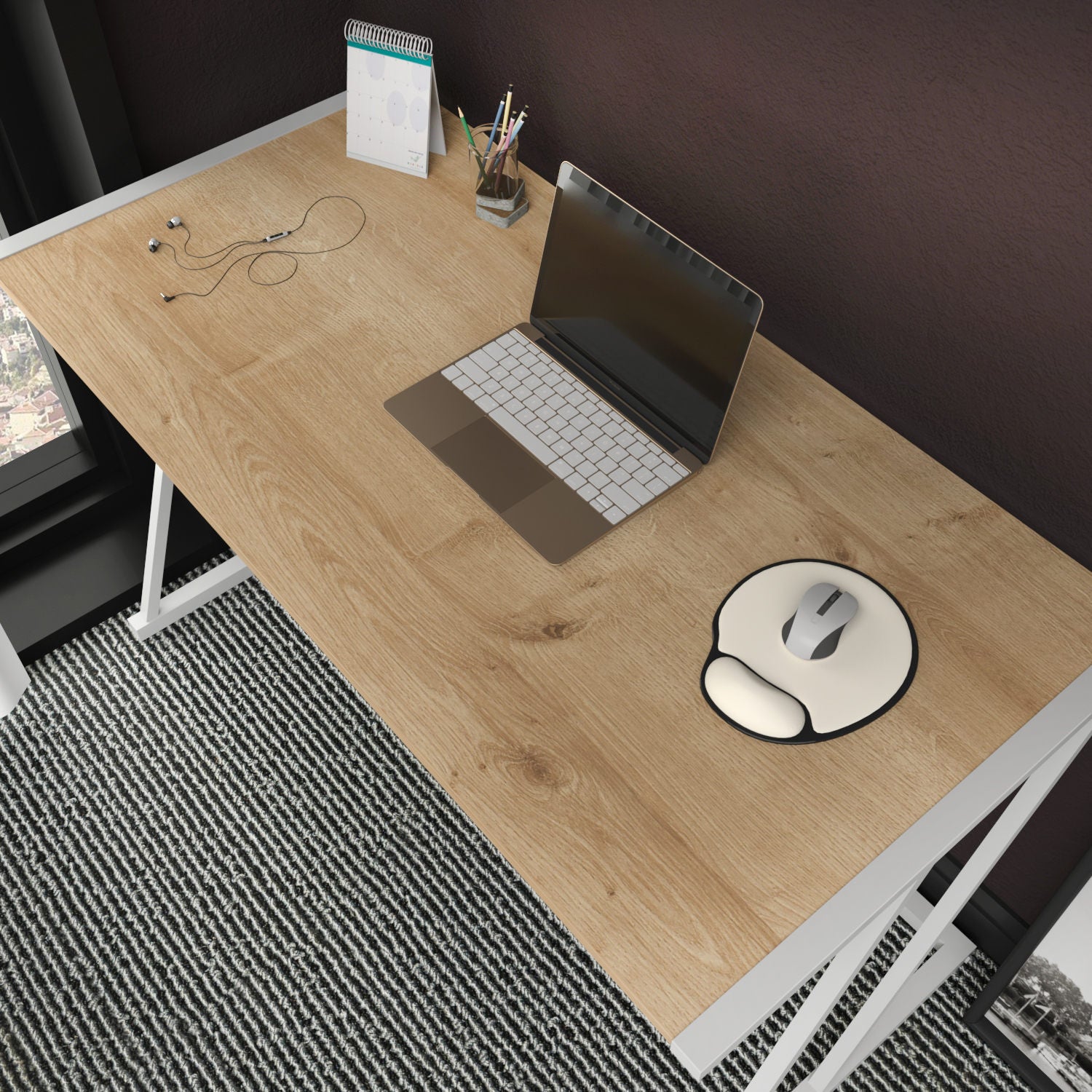 Secretária de Estudo/Escritório Moderna, Branca e Carvalho, 114 x 60 x 75 cm | Painel de Partículas 100% Revestido em Melamina, 18 mm de Espessura, Estrutura de Metal Resistente | Ideal para Uso Residencial e Hoteleiro