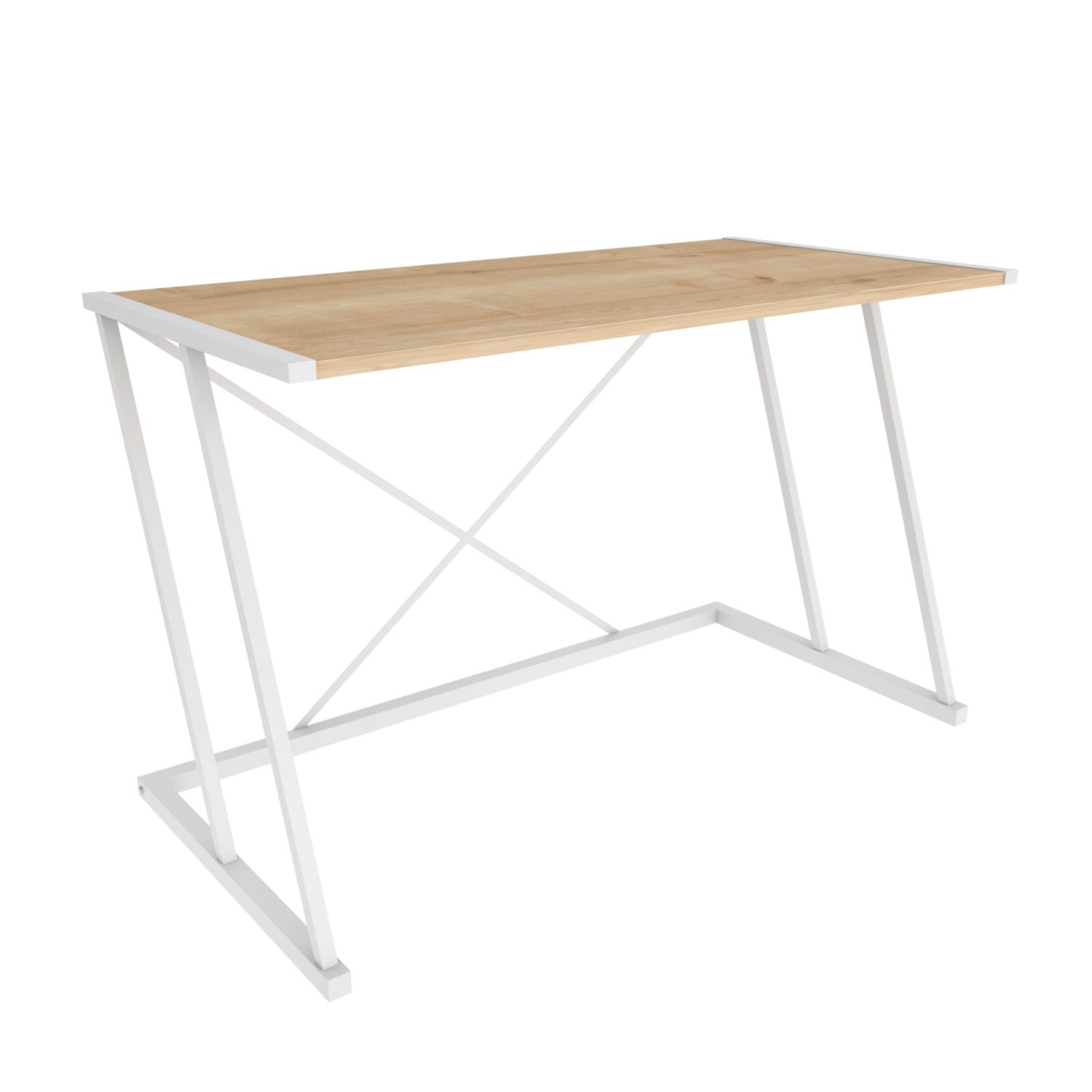 Secretária de Estudo/Escritório Moderna, Branca e Carvalho, 114 x 60 x 75 cm | Painel de Partículas 100% Revestido em Melamina, 18 mm de Espessura, Estrutura de Metal Resistente | Ideal para Uso Residencial e Hoteleiro