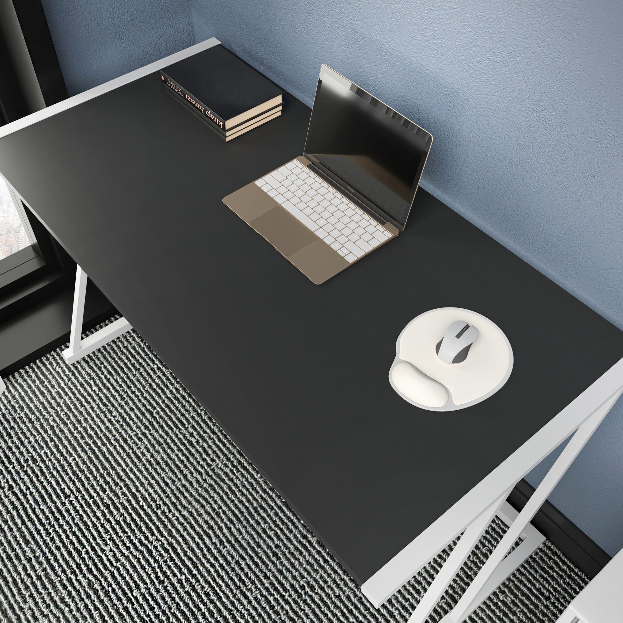 Secretária de Estudo/Escritório Moderna, Branca e Antracite, 114 x 60 x 75 cm | Painel de Partículas 100% Revestido em Melamina, 18 mm de Espessura, Estrutura de Metal Resistente | Ideal para Uso Residencial e Hoteleiro