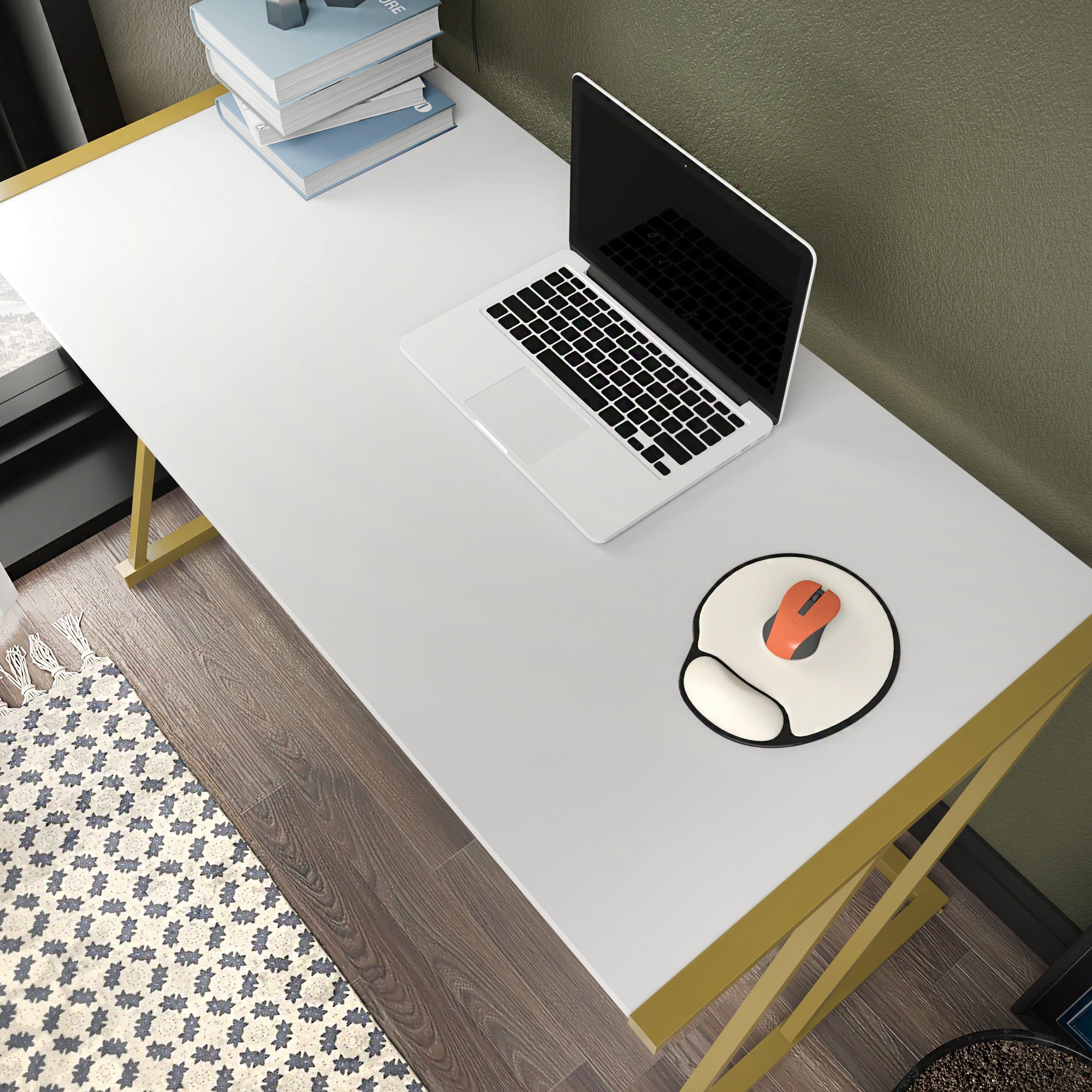 Secretária de Estudo/Escritório Moderna, Dourada e Branca, 114 x 60 x 75 cm | Painel de Partículas 100% Revestido em Melamina, 18 mm de Espessura, Estrutura de Metal Resistente | Design Glamouroso para Home Office