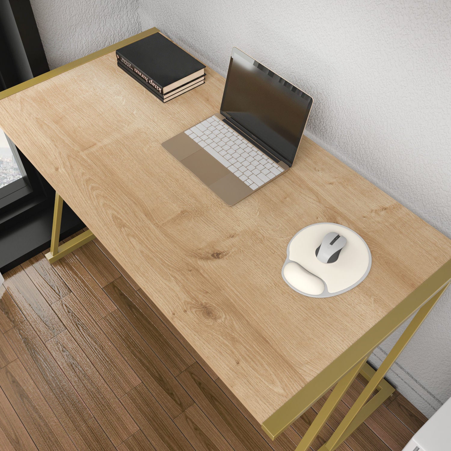 Secretária de Estudo/Escritório Moderna, Dourado e Carvalho, 114 x 60 x 75 cm | Painel de Partículas 100% Revestido em Melamina, 18 mm de Espessura, Estrutura de Metal Resistente | Design Glamouroso para Casa e Escritório