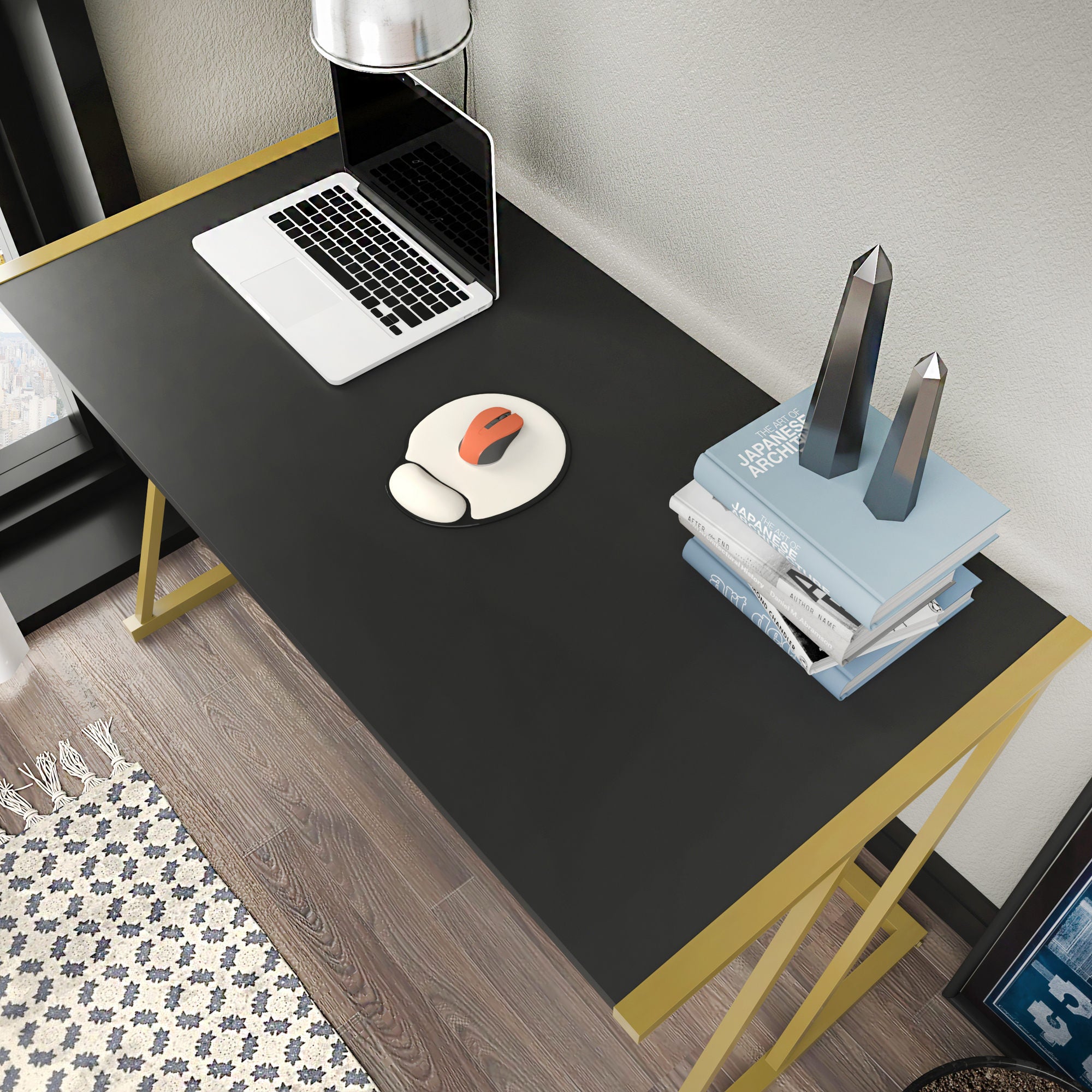 Secretária de Estudo/Escritório Moderna, Dourado e Antracite, 114 x 60 x 75 cm | Painel de Partículas 100% Revestido em Melamina, 18 mm de Espessura, Estrutura de Metal Resistente | Design Glamouroso para Casa e Escritório