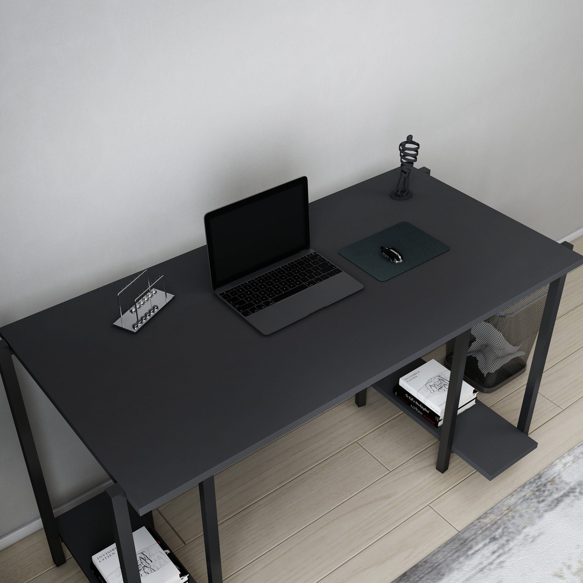 Secretária de Estudo/Escritório Moderna, Preta e Antracite, 125,2 x 60 x 73,8 cm | Painel de Partículas 100% Revestido em Melamina, 18 mm de Espessura | Ideal para Escritórios Domésticos e Espaços Industriais