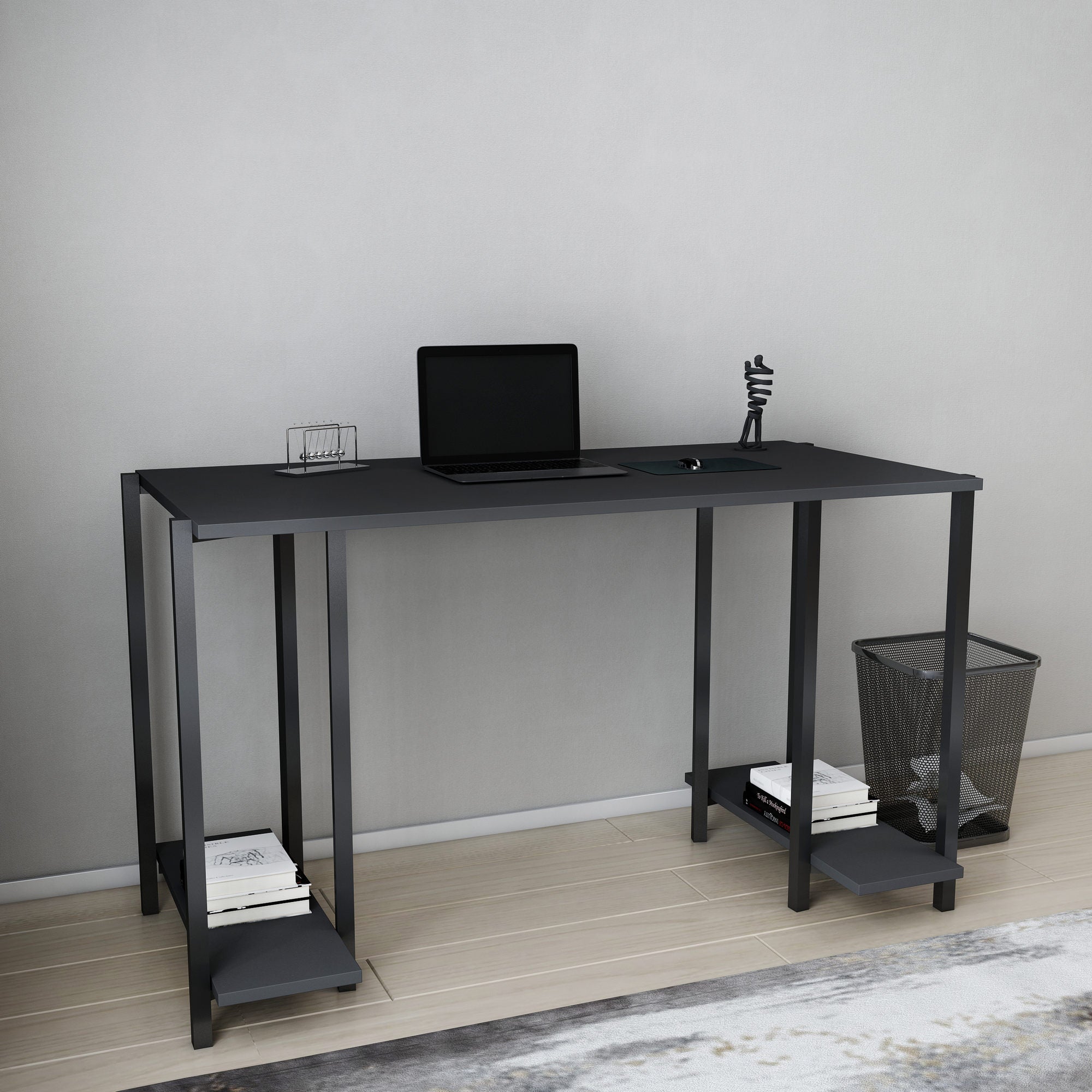 Secretária de Estudo/Escritório Moderna, Preta e Antracite, 125,2 x 60 x 73,8 cm | Painel de Partículas 100% Revestido em Melamina, 18 mm de Espessura | Ideal para Escritórios Domésticos e Espaços Industriais